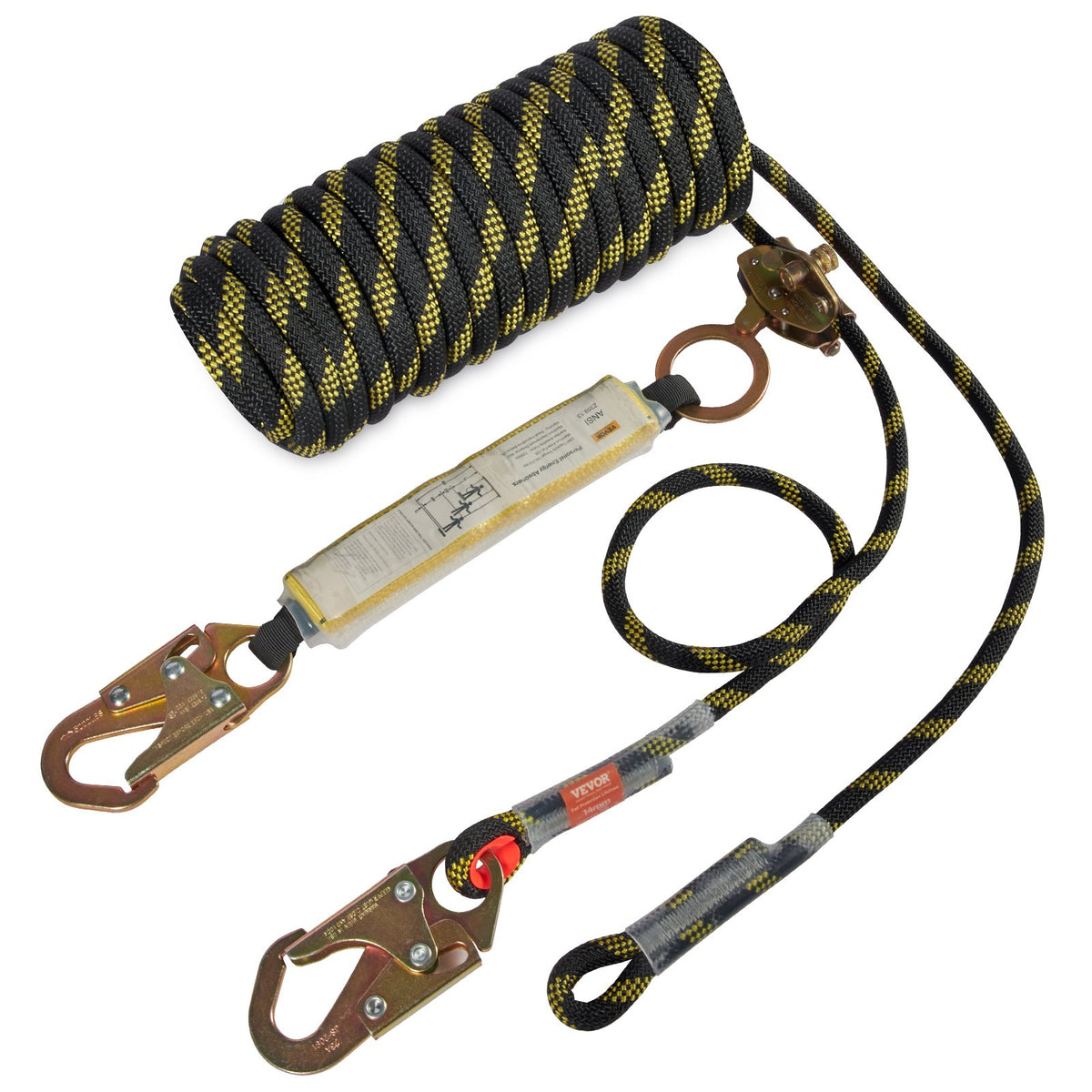 VEVOR Vertical Lifeline Assembly, 0.55'' x 25' Fall Protection Rope with 30 KN Breaking Tension, Polyester Roofing Rope with Steel Snap Hooks, Rope Grab, and Shock Absorber, ANSI Compliant