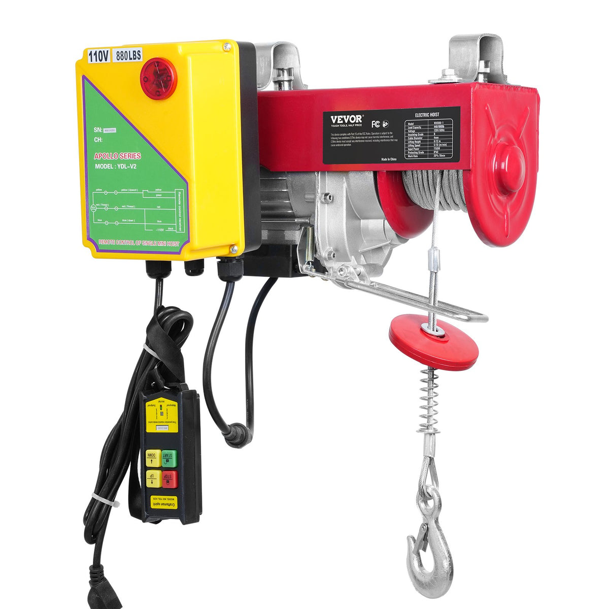 VEVOR Electric Hoist, 880 lbs Lifting Capacity, 850W 110V Electric Steel Wire Winch with Wireless Remote Control, 40ft Single Cable Lifting Height & High-quality Motor, for Garage Warehouse Factory