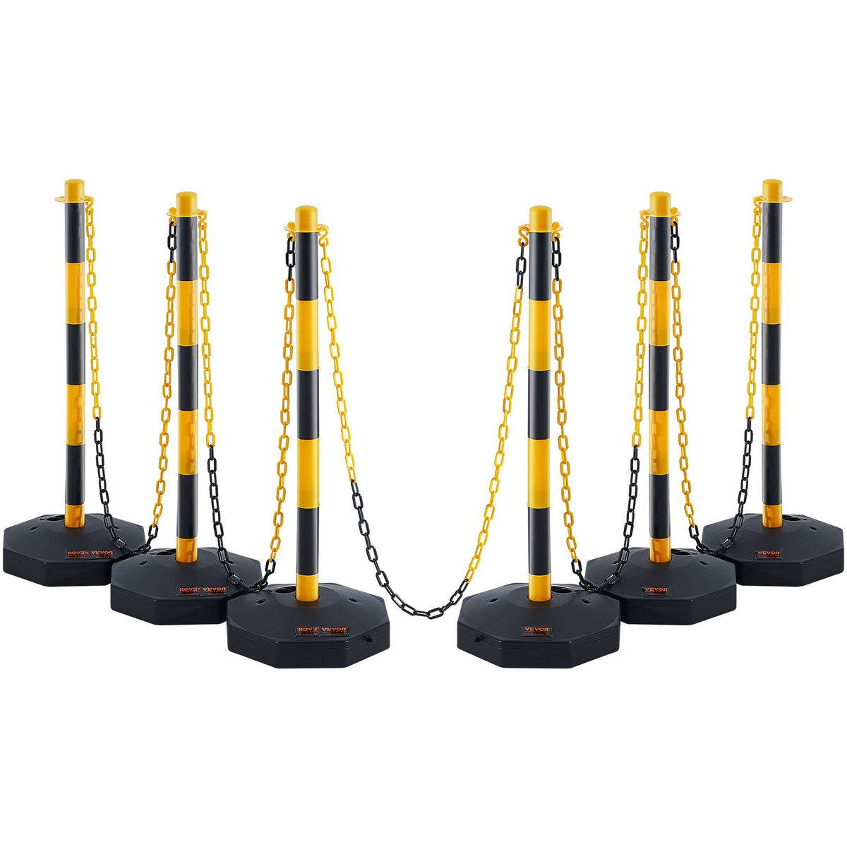 VEVOR Adjustable Traffic Delineator Post Cones, 6 Pack, Traffic Safety Delineator Barrier with Fillable Base 8FT Chain, for Traffic Control Warning Parking Lot Construction Caution Roads, Yellow&Black
