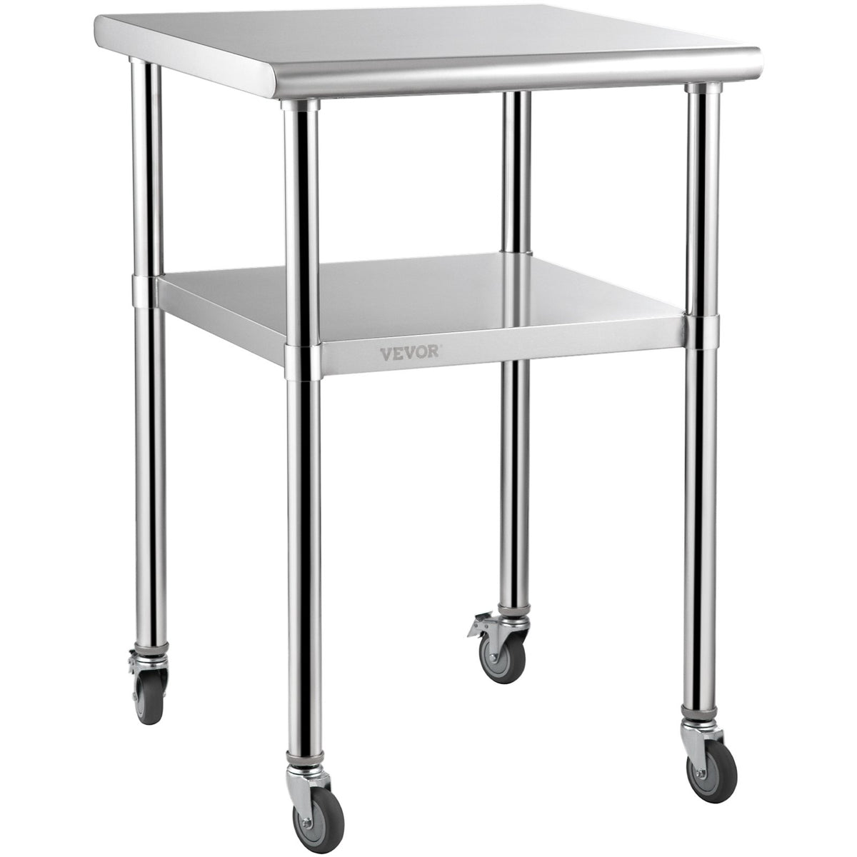 VEVOR Mesa de preparación de acero inoxidable, 24 x 24 x 36 pulgadas, capacidad de carga de 600 libras, mesa de trabajo de metal resistente con estante inferior ajustable y ruedas universales, estació