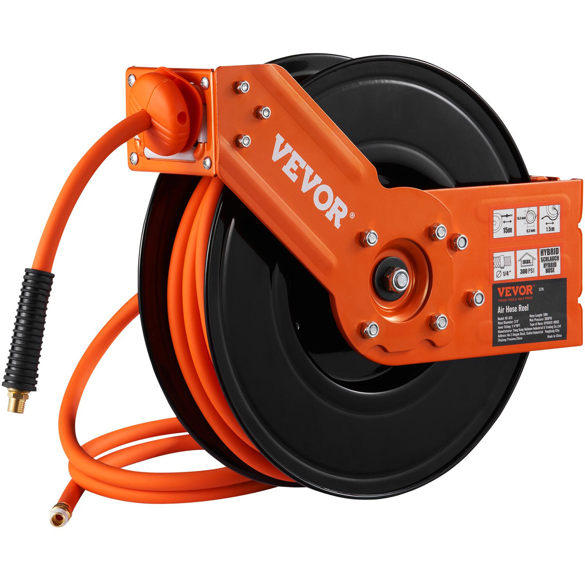 VEVOR Retractable Air Hose Reel, 3/8 IN x 50 FT Hybrid Air Hose Max 300PSI, Air Compressor Hose Reel with 5 In Lead in, Ceiling / Wall Mount Heavy Duty Single Arm Steel Reel