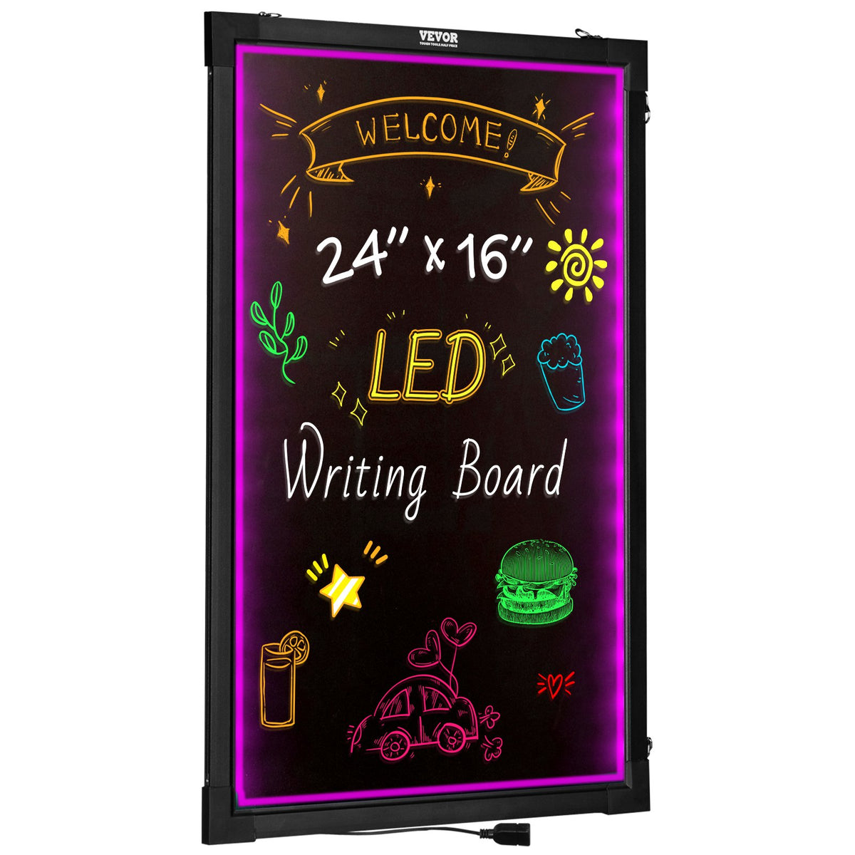 VEVOR LED Message Writing Board, 24"x16" Illuminated Erasable Lighted Chalkboard, Neon Effect Menu Sign Board, Drawing Board with 8 Fluorescent Chalk Markers and Remote Tested to UL Standards