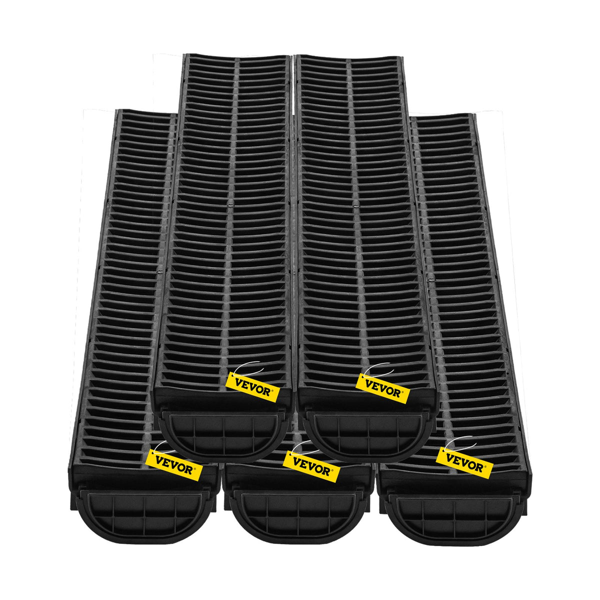 VEVOR Trench Drain System, Channel Drain with Plastic Grate, 5.7x3.1-Inch HDPE Drainage Trench, Black Plastic Garage Floor Drain, 5x39 Trench Drain Grate, with 5 End Caps, for Garden, Driveway-5 Pack