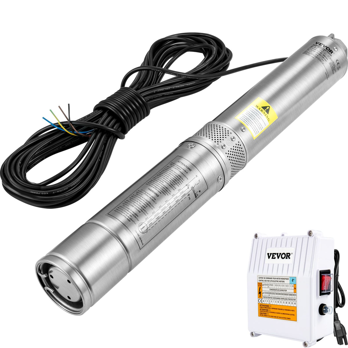 VEVOR Deep Well Submersible Pump, 1.5HP 115V/60Hz, 37gpm 276ft Head, with 33ft Cord & External Control Box, 4\" Stainless Steel Water Pump for Industrial, Irrigation and Home Use, IP68 Waterproof