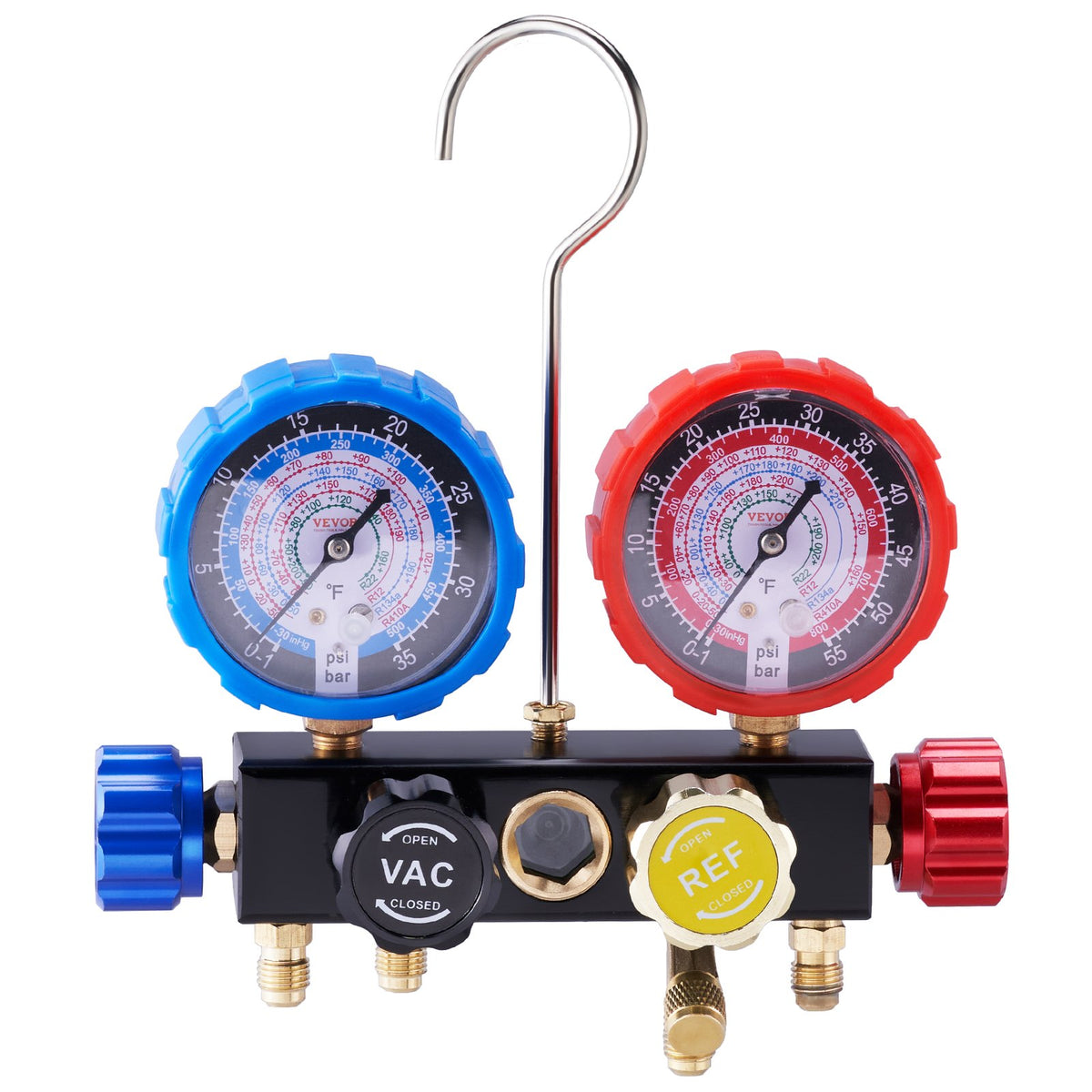 VEVOR 4 Way AC Gauge - AC Manifold Gauge Set for R134A R22 R12 R410A Refrigerant, Freon Gauges with 5ft Hoses, Couplers, Can Tap Works on Car Auto Freon Charging and Evacuation