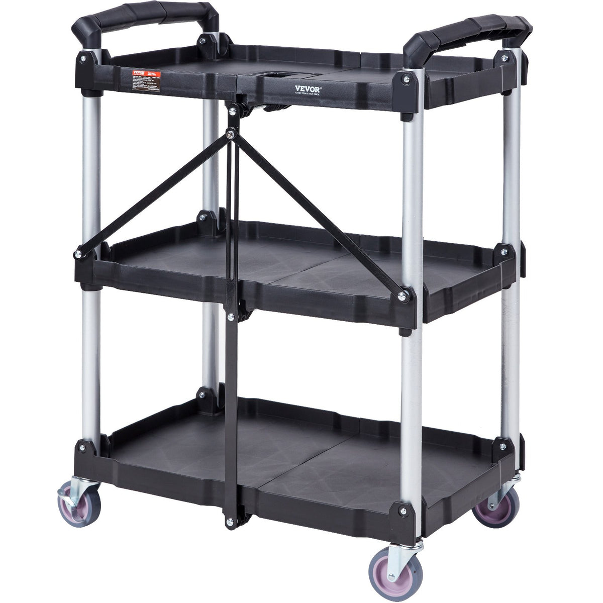 VEVOR Foldable Utility Service Cart, 3 Shelf 165LBS Heavy Duty Plastic Rolling Cart with Lockable Wheels, Ergonomic Handle, Portable Garage Tool Cart for Warehouse/Office/Home(25.62"x15.43"x32.76")