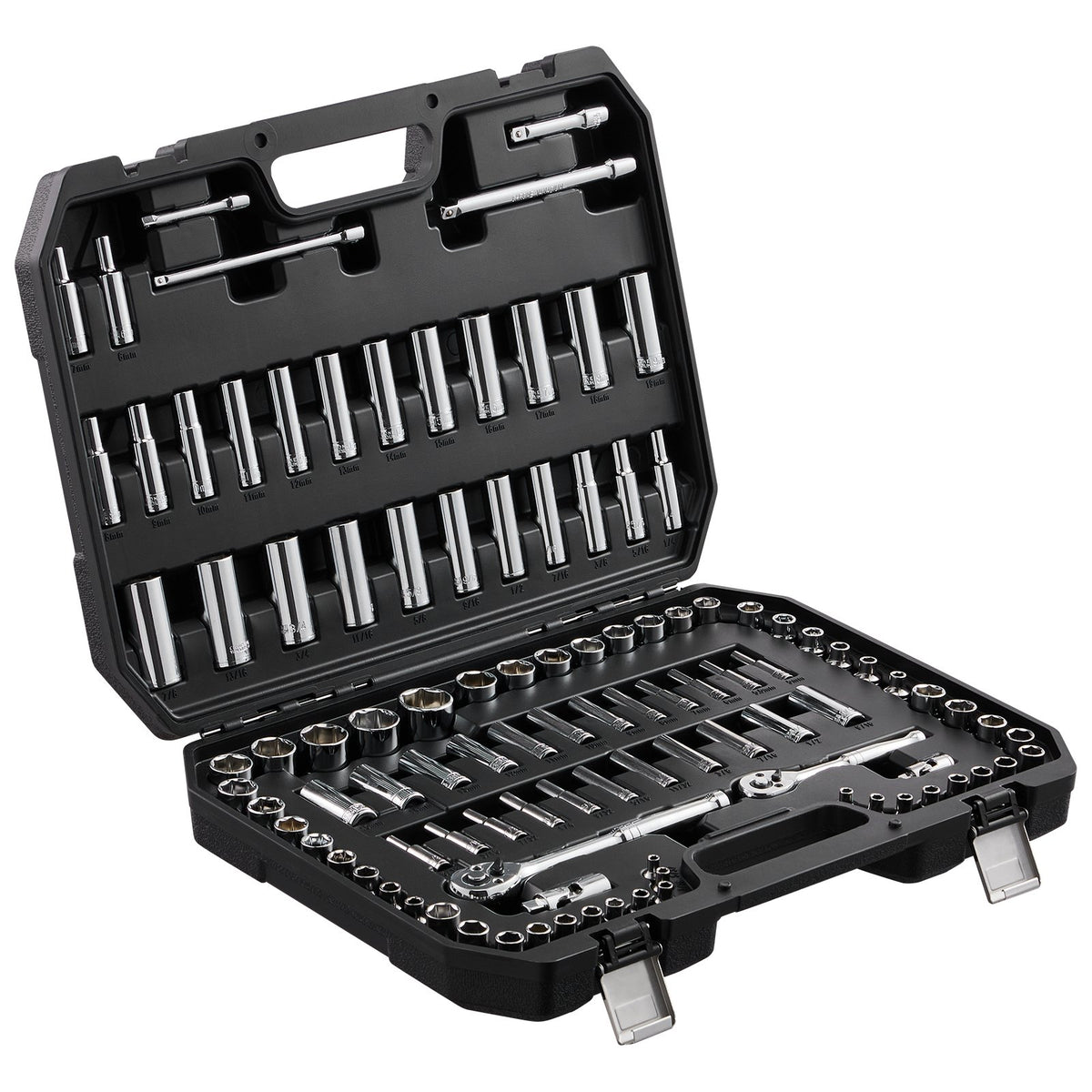 VEVOR Socket Set, 1/4" and 3/8" Drive Socket and Ratchet Set, 6-Point Socket Opening, 106 Pcs Tool Set SAE and Metric, Deep and Standard Sockets, 5/32-1 in, 5-19 mm, with Accessories, Storage Case