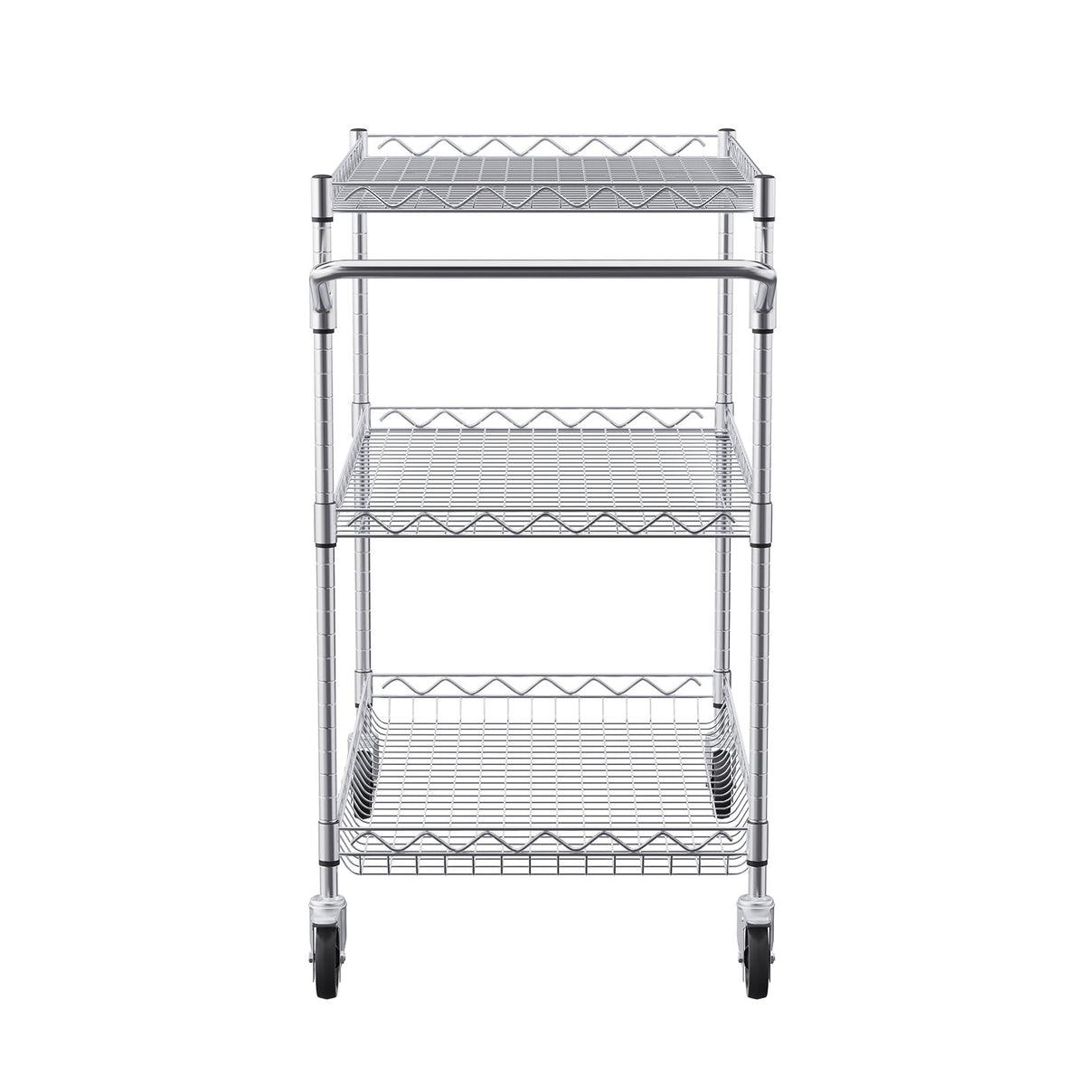 VEVOR Kitchen Utility Cart, 3 Tiers, Wire Rolling Cart with 661LBS Capacity, Steel Service Cart on Wheels, Metal Storage Trolley with 80mm Deep Basket Curved Handle 6 Hooks, for Indoor and Outdoor Use