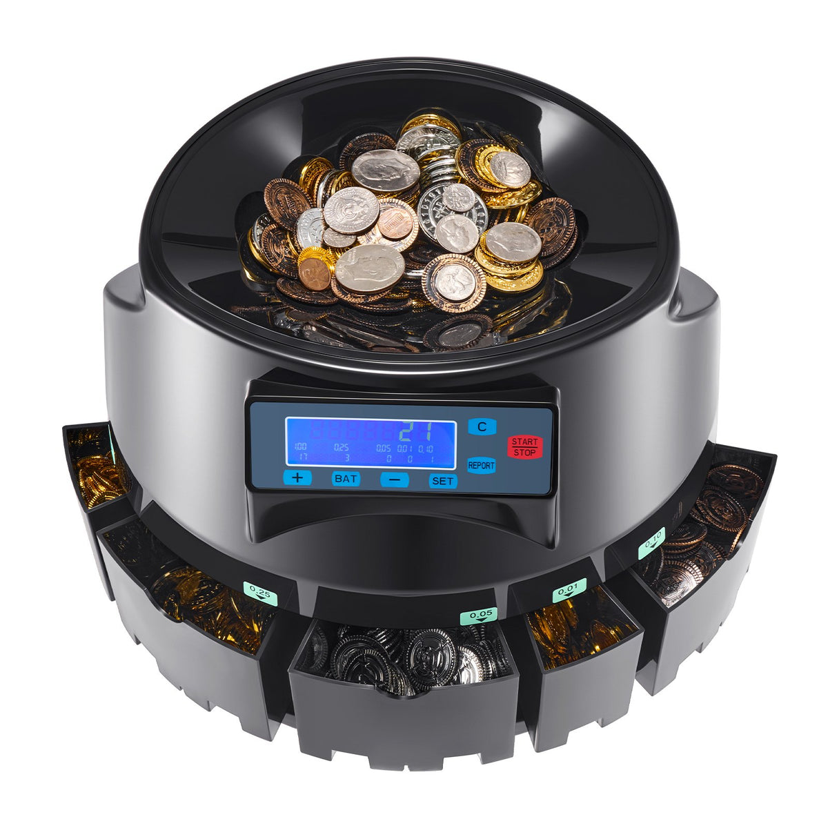 VEVOR USD Coin Counter & Coin Sorters with LCD Display, Coin Sorter Machine for USD Coin 1¢ 5¢ 10¢ 25¢ $1, Sorts up to 300 Coins/min, Change Counter Holds 2000 Coins Included 5 Coin Bins & 5 Tubes