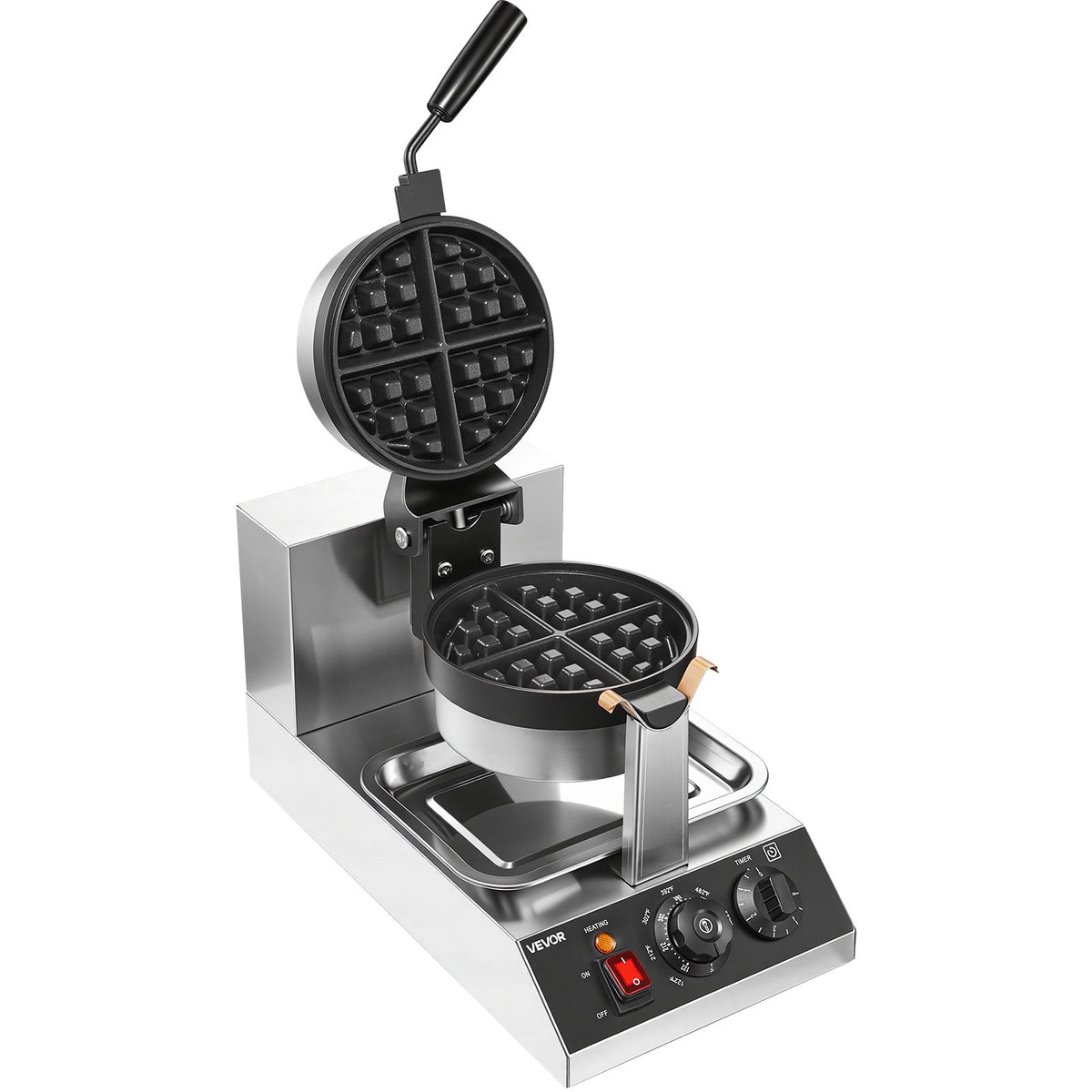 VEVOR Commercial Waffle Maker, 1 Piece per Batch, 1300W Round Waffle Iron, Non-Stick Waffle Baker Machine with 122-572℉ / 50-300℃ Temp Range Teflon-Coated Baking Pans Stainless Steel Body, 120V