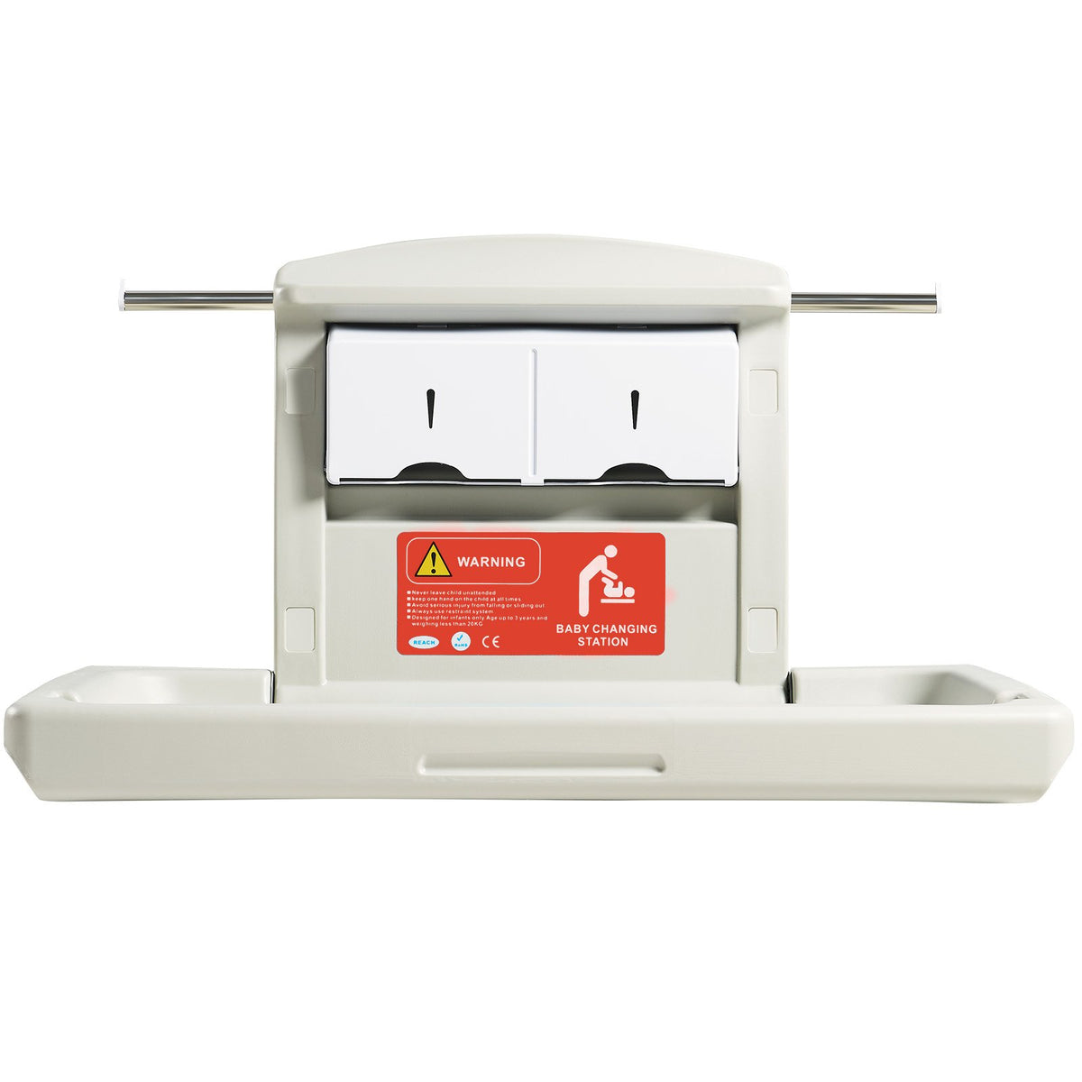 VEVOR Wall-Mounted Baby Changing Station, Horizontal Foldable Diaper Change Table with Safety Straps and Hanging Rods, Use in Commercial Bathrooms, Daycare Centers for Newborns & Infant
