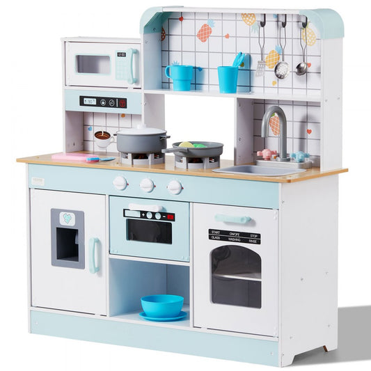 VEVOR Play Kitchen for Kids, Wooden Toy Kitchen Set with Lights and Sounds, Toddler Kitchen with Ice Maker, Oven, Sink, Microwaves, Fridge and Utensil and Fruit Accessory for Toddlers ages, White
