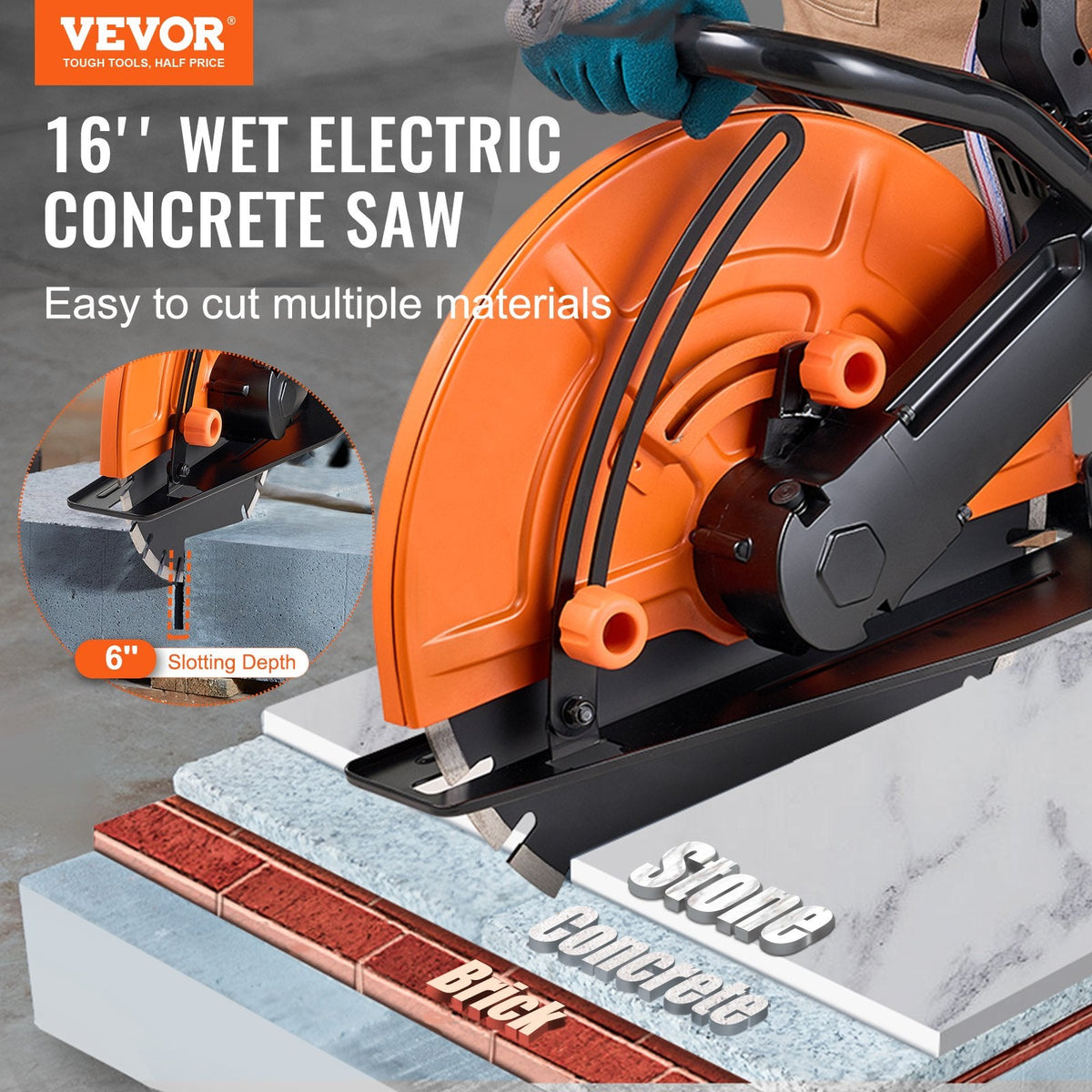 VEVOR Electric Concrete Saw, 42.5cm, 2800 W 15 A Motor Circular Saw Cutter with Max. 152mm Adjustable Cutting Depth, Wet Disk Saw Cutter Includes Water Line, Pump and Blade, for Stone, Brick