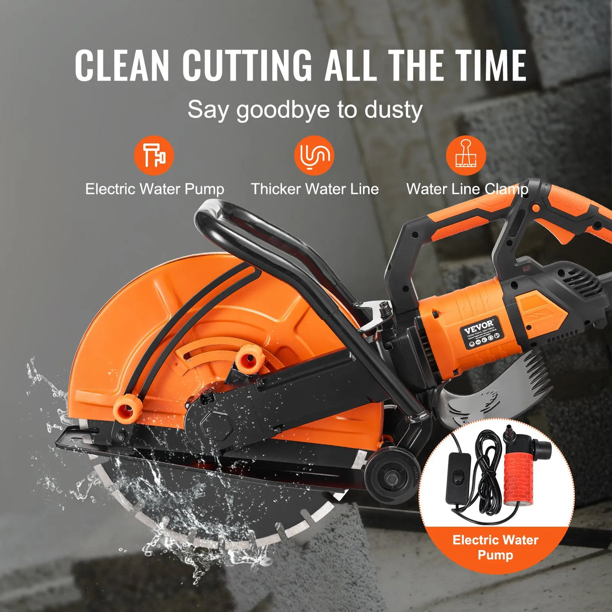 VEVOR Electric Concrete Saw, 42.5cm, 2800 W 15 A Motor Circular Saw Cutter with Max. 152mm Adjustable Cutting Depth, Wet Disk Saw Cutter Includes Water Line, Pump and Blade, for Stone, Brick