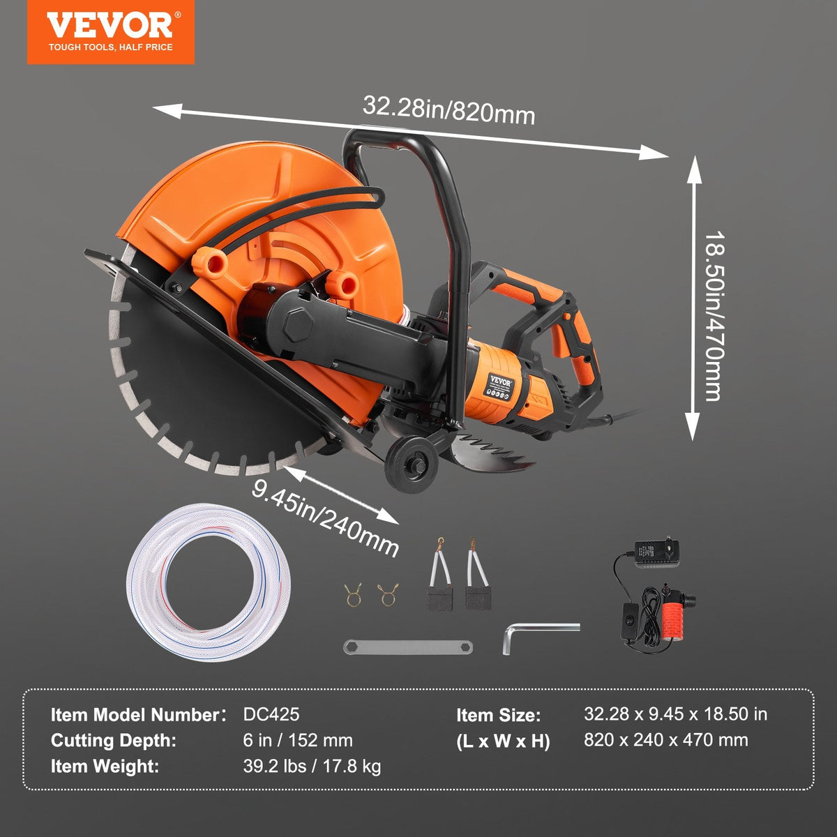 VEVOR Electric Concrete Saw, 42.5cm, 2800 W 15 A Motor Circular Saw Cutter with Max. 152mm Adjustable Cutting Depth, Wet Disk Saw Cutter Includes Water Line, Pump and Blade, for Stone, Brick