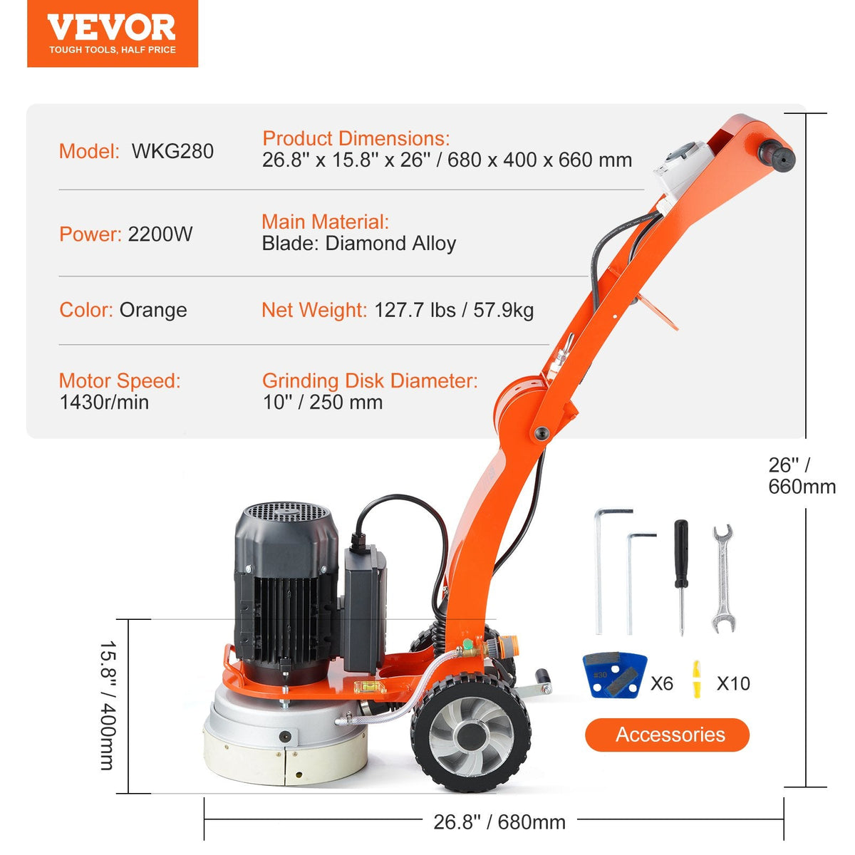 VEVOR Electric Concrete Floor Grinder 10" Walk-Behind Grinder 3.0HP Concrete Floor Polisher, 2200W Grinding Machine, 1430RPM Upgrade Brushless Motor Surfacing Grinder for Granite/Marble/Stones