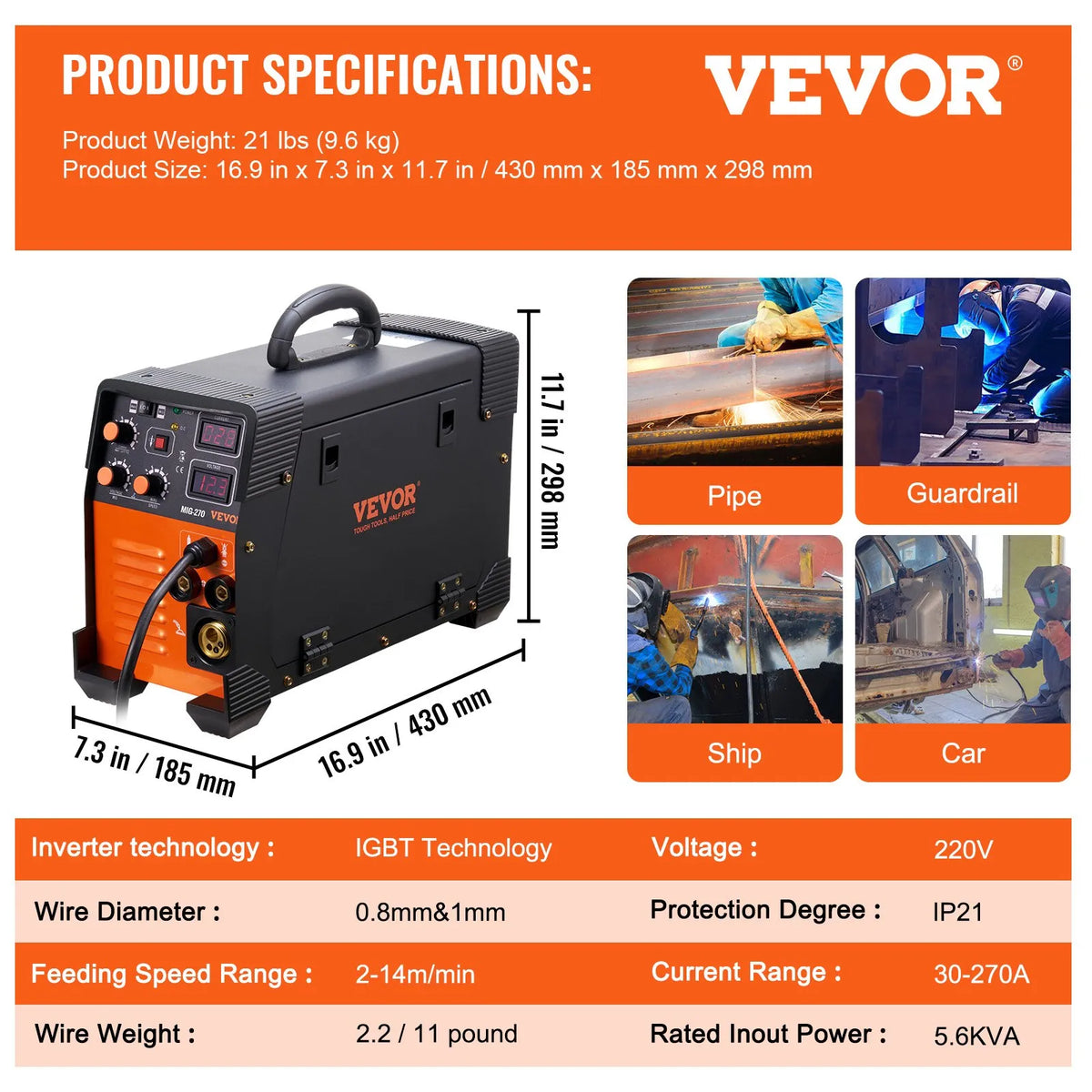 VEVOR MIG Welder, 3 in 1 Welder Welding Machine, 270 Amp MIG Lift TIG Arc Welder Lift TIG Welder Lift ARC Welder Digital Display Combo Welding Machine MMA Stick IGBT DC Inverter Welder