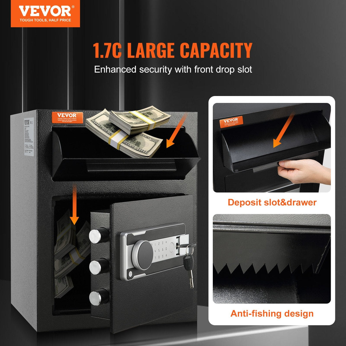 VEVOR 1.7 Cub Depository Safe, Deposit Safe with Drop Slot, Electronic Code Lock and 2 Emergency Keys, 350x300x450 mm Business Drop Slot Safe for Cash, Mail in Home, Hotel, Office