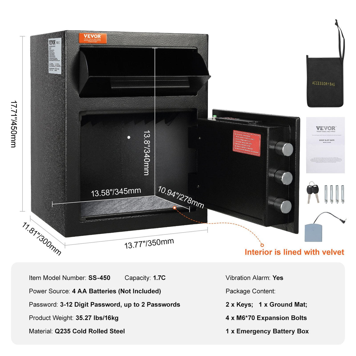 VEVOR 1.7 Cub Depository Safe, Deposit Safe with Drop Slot, Electronic Code Lock and 2 Emergency Keys, 350x300x450 mm Business Drop Slot Safe for Cash, Mail in Home, Hotel, Office