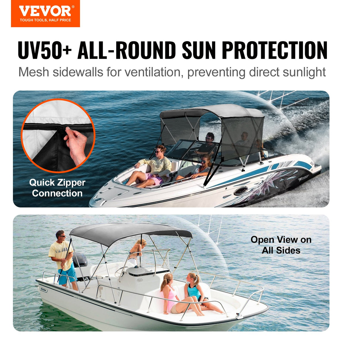 VEVOR 3 Bow Bimini Top Boat Cover, Detachable Mesh Sidewalls, 600D Polyester Canopy with 1" Aluminum Alloy Frame, Includes Storage Boot, 2 Support Poles, 2 Straps, 6'L x 46"H x 67"-72"W, Light Grey