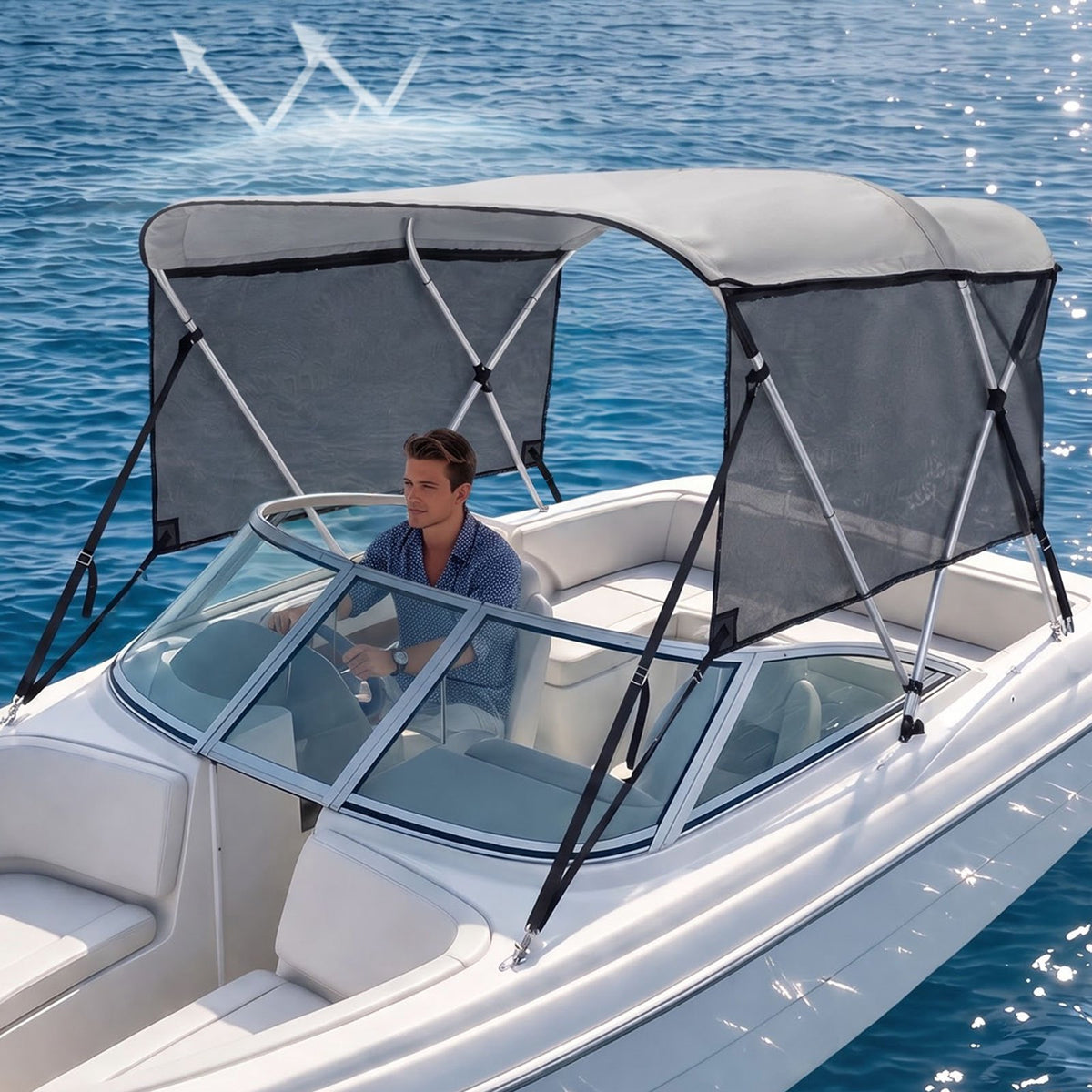 VEVOR 3 Bow Bimini Top Boat Cover, Detachable Mesh Sidewalls, 600D Polyester Canopy with 1" Aluminum Alloy Frame, Includes Storage Boot, 2 Support Poles, 2 Straps, 6'L x 46"H x 67"-72"W, Light Grey