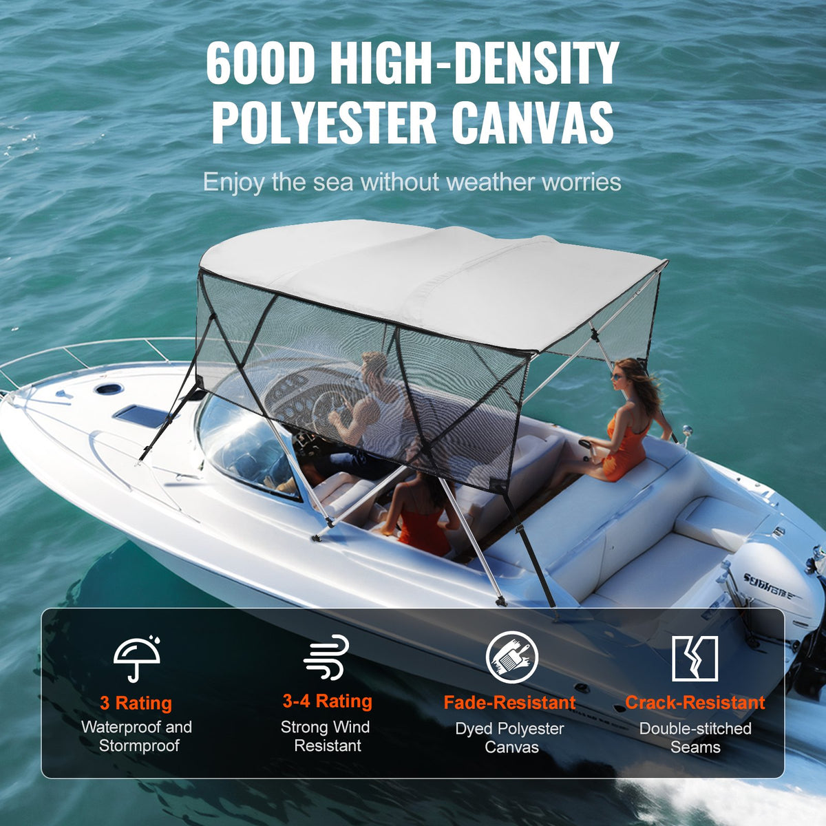 VEVOR 4 Bow Bimini Top Boat Cover, Detachable Mesh Sidewalls, 600D Polyester Canopy with 1" Aluminum Alloy Frame, Includes Storage Boot, 2 Straps, 2 Support Poles, 8'L x 54"H x 85"-90"W, Light Grey