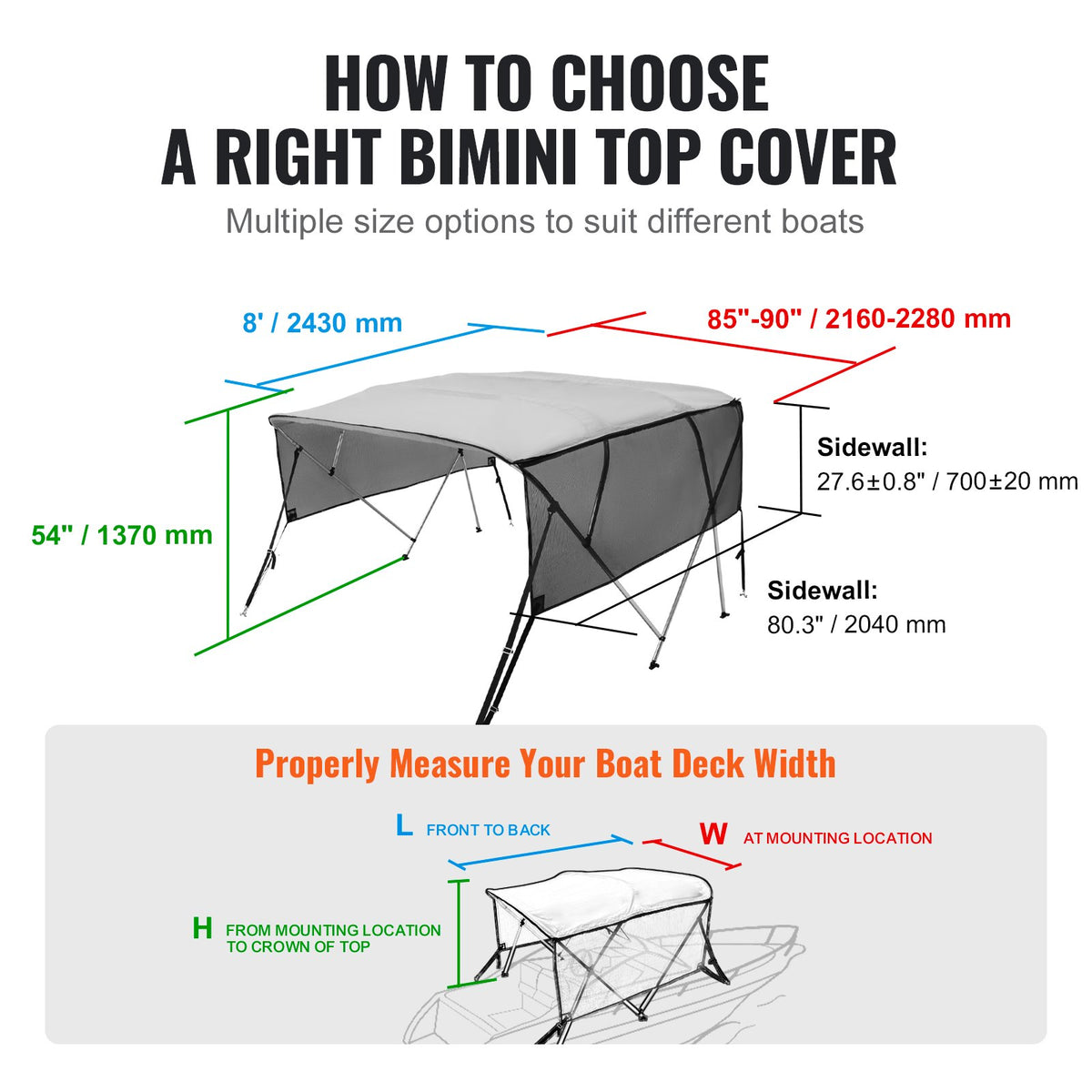 VEVOR 4 Bow Bimini Top Boat Cover, Detachable Mesh Sidewalls, 600D Polyester Canopy with 1" Aluminum Alloy Frame, Includes Storage Boot, 2 Straps, 2 Support Poles, 8'L x 54"H x 85"-90"W, Light Grey