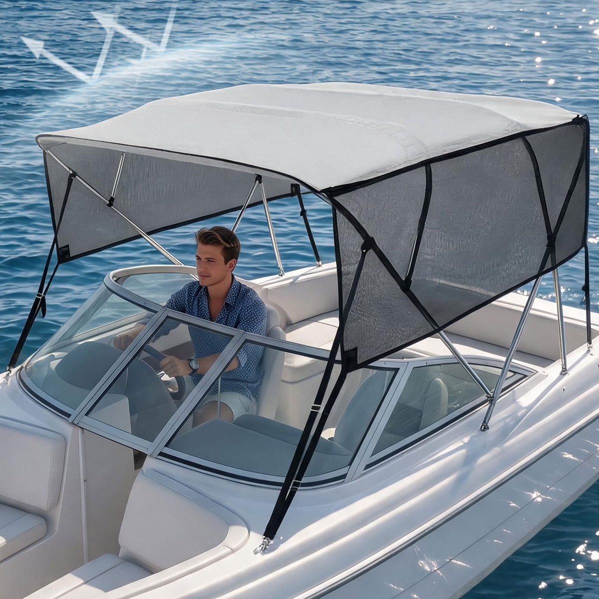 VEVOR 4 Bow Bimini Top Boat Cover, Detachable Mesh Sidewalls, 600D Polyester Canopy with 1" Aluminum Alloy Frame, Includes Storage Boot, 2 Straps, 2 Support Poles, 8'L x 54"H x 91"-96"W, Light Grey