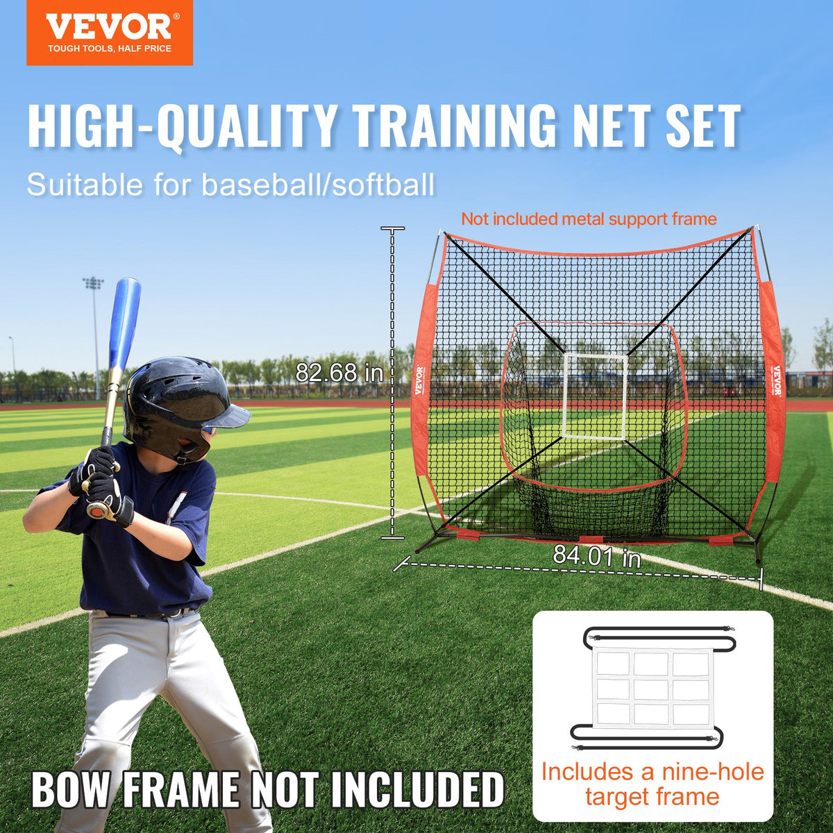 VEVOR 7x7 ft Baseball Softball Practice Net, Portable Baseball Training Net for Hitting Batting Catching Pitching, Backstop Baseball Equipment Training Aids with Strike Zone (Net Only)