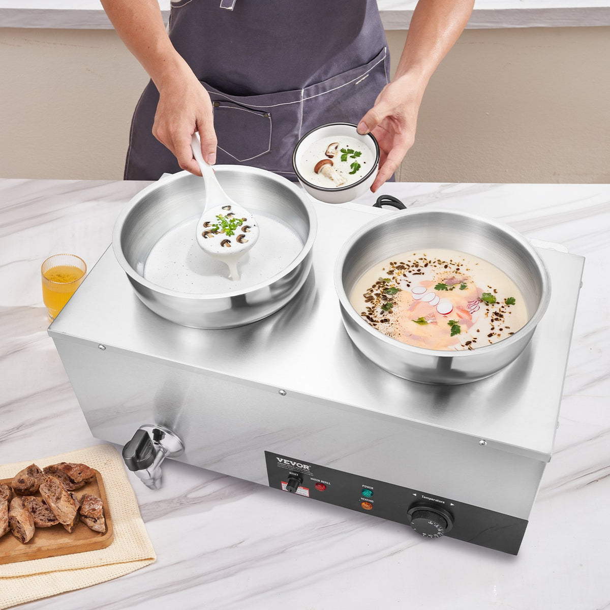 VEVOR Electric Soup Warmer, Dual 7.4QT Stainless Steel Round Pot, 1200W Commercial Food Warmer, 86~185°F Adjustable Temp, Bain Marie with Anti-Dry Burn and Reset Button, for Restaurant, Buffet