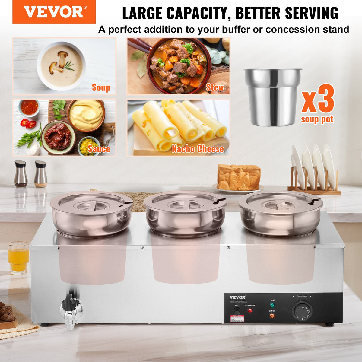 VEVOR Electric Soup Warmer, Three 7.4QT Stainless Steel Round Pot, 1200W Commercial Food Warmer, 86~185°F Adjustable Temp, Bain Marie with Anti-Dry Burn and Reset Button, for Restaurant, Buffet