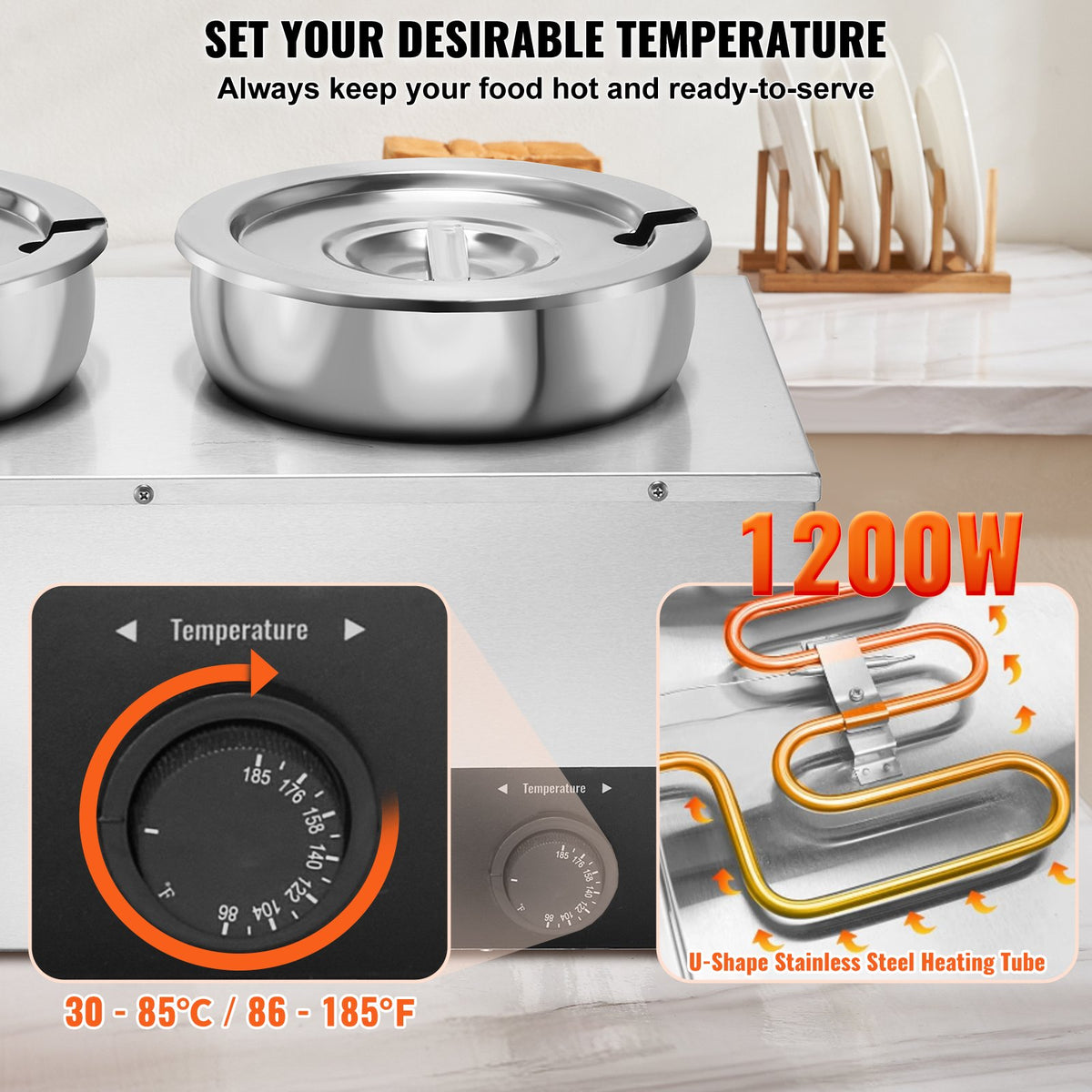 VEVOR Electric Soup Warmer, Three 7.4QT Stainless Steel Round Pot, 1200W Commercial Food Warmer, 86~185°F Adjustable Temp, Bain Marie with Anti-Dry Burn and Reset Button, for Restaurant, Buffet