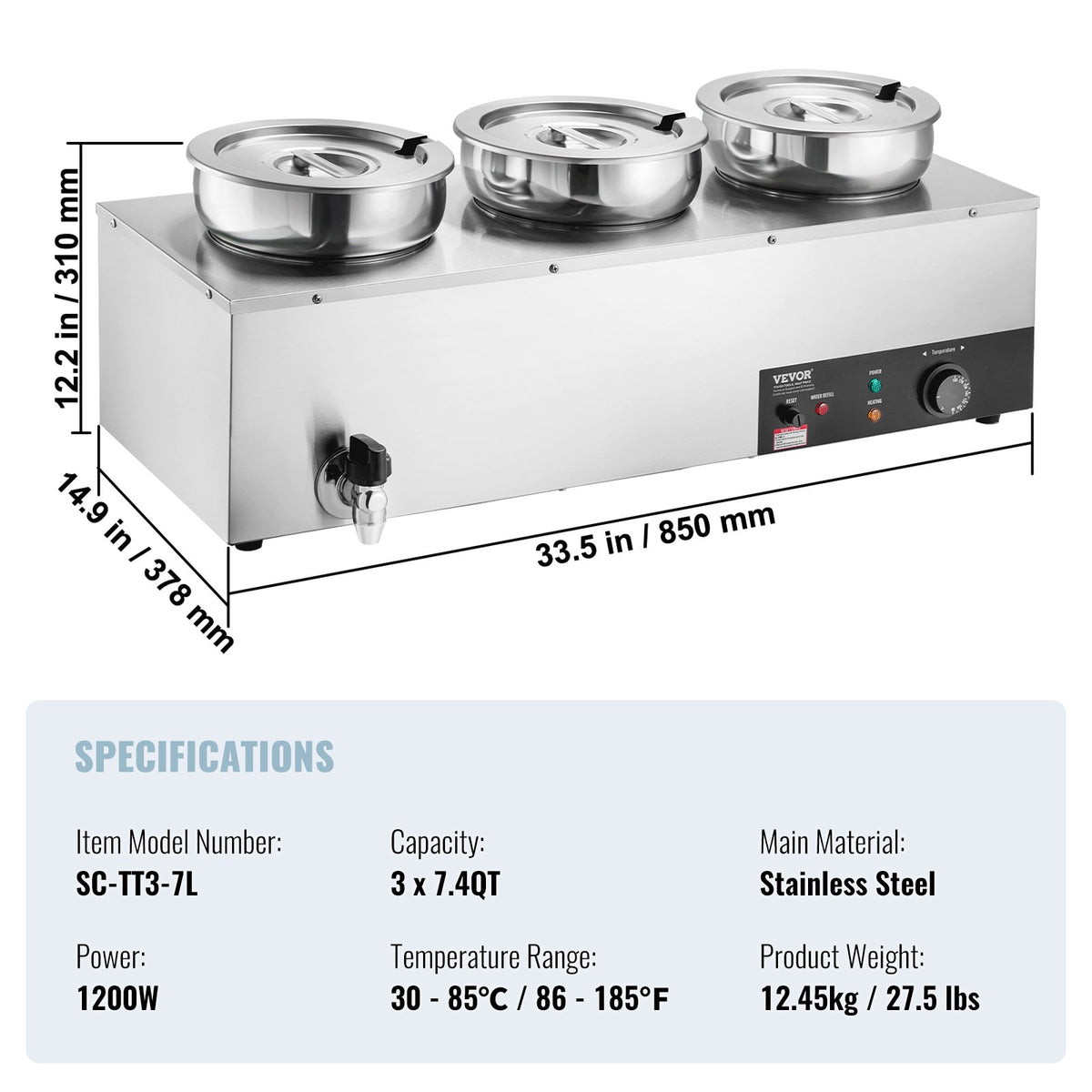 VEVOR Electric Soup Warmer, Three 7.4QT Stainless Steel Round Pot, 1200W Commercial Food Warmer, 86~185°F Adjustable Temp, Bain Marie with Anti-Dry Burn and Reset Button, for Restaurant, Buffet