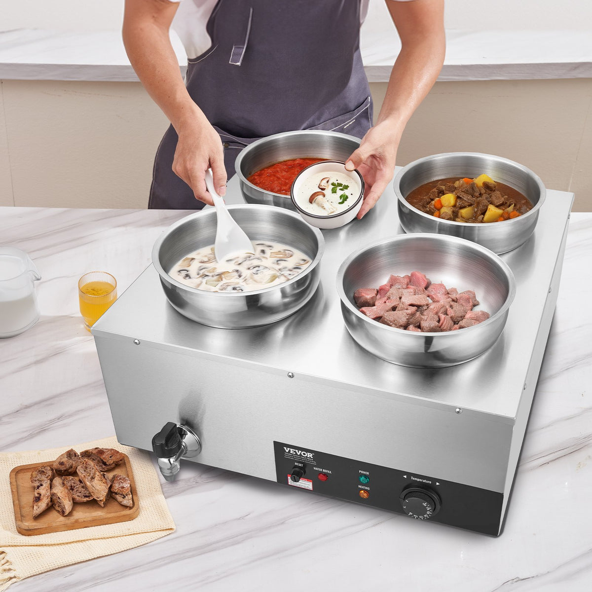 VEVOR Electric Soup Warmer, Four 7.4QT Stainless Steel Round Pot, 1500W Commercial Food Warmer, 86~185°F Adjustable Temp, Bain Marie with Anti-Dry Burn and Reset Button, for Restaurant, Buffet