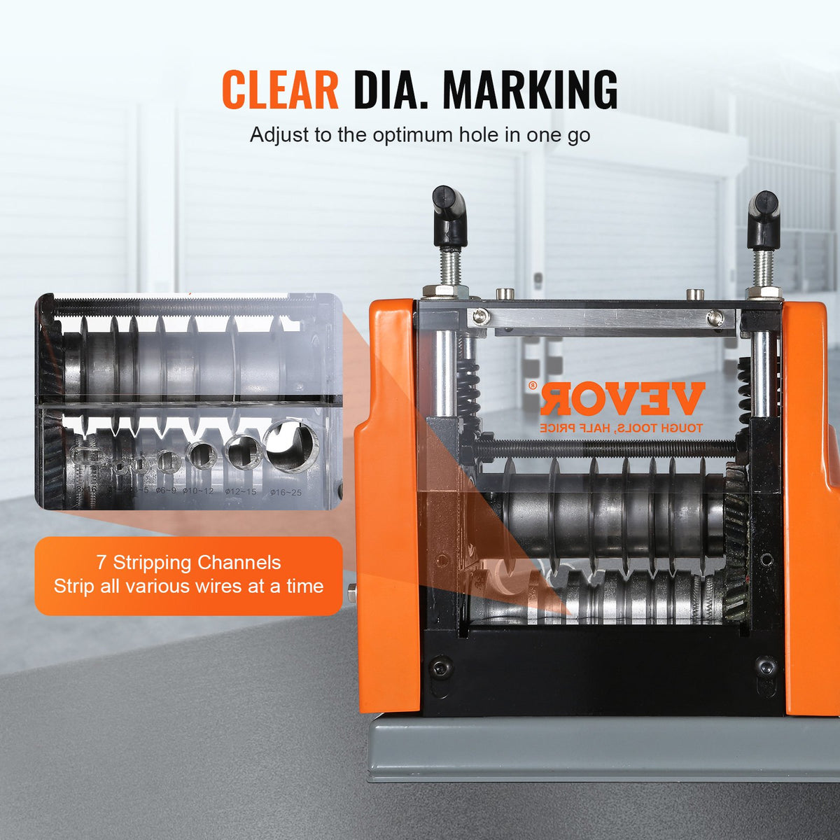 VEVOR Electric Cable Stripping Tool, 0.06''-0.98'' Motorized Wire Stripper, 60W, Features Clear Depth Gauge, Includes 6 Circular & 1 Flat Channels for Efficient Copper Wire Recycling