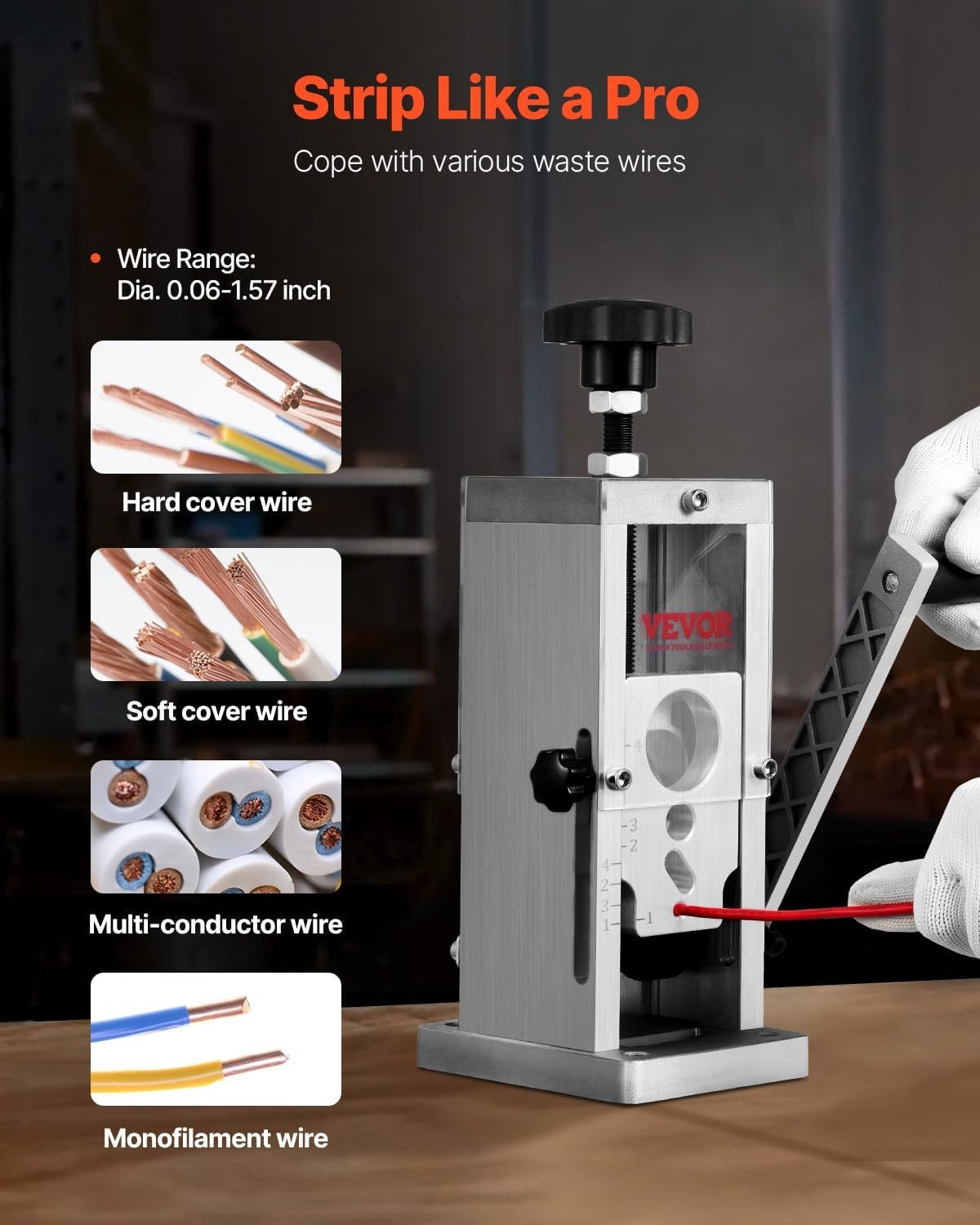 VEVOR Hand-Operated Wire Stripper, 0.06''-1.5'' Cable Removal Tool, Drill Attachment Option, Clear Depth Gauge, Lightweight Aluminum Build for Efficient Copper Scrap Processing