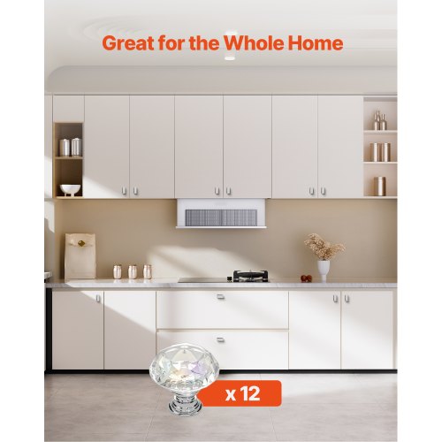 VEVOR Cabinet Knobs, 12 Pack, 31 mm Acrylic & Zinc Alloy Drawer Pulls Door Handles, Diamond Kitchen Solid Knobs Dresser Handl