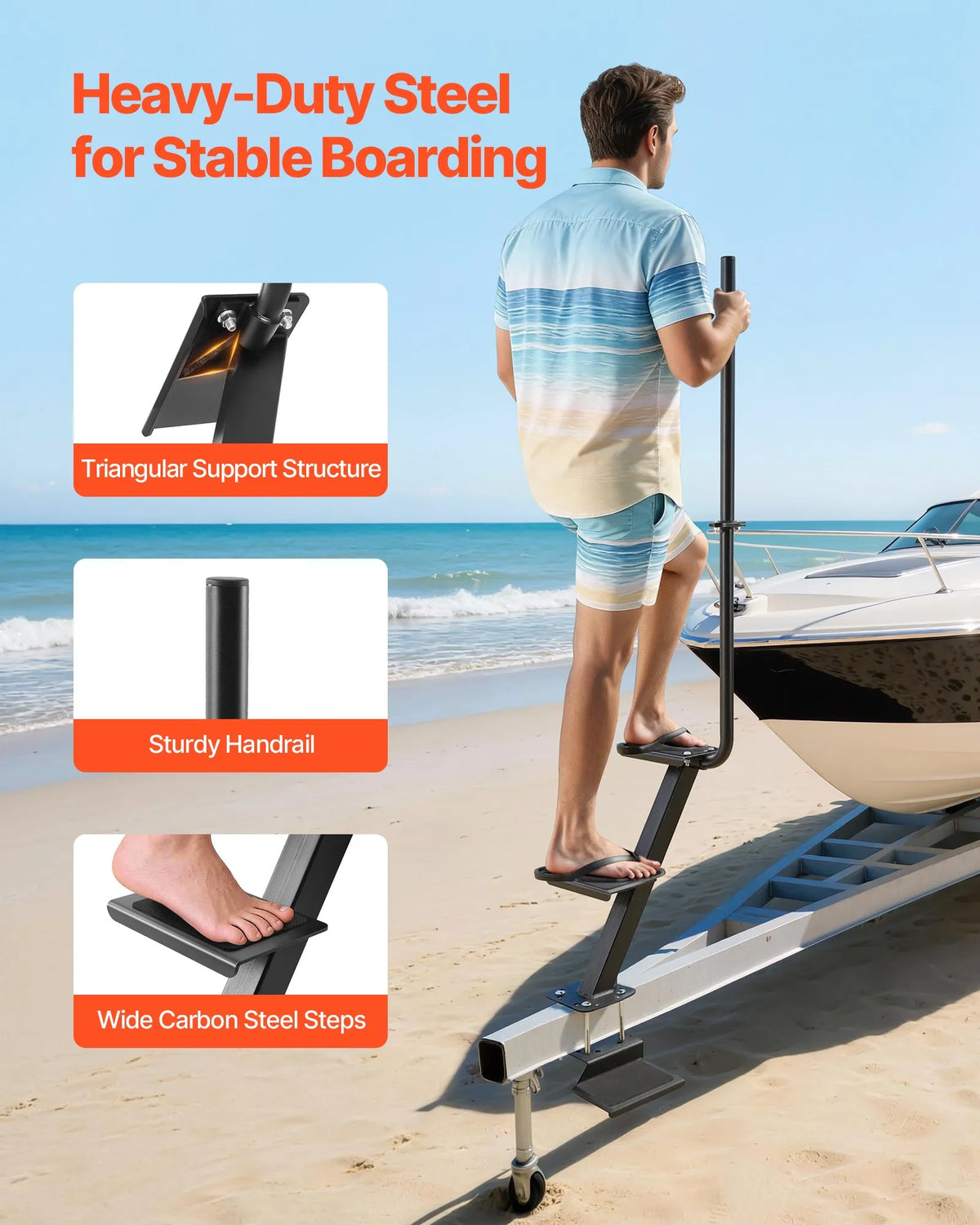 VEVOR Boat Trailer Steps, 3-Step, Heavy-Duty Boat Trailer Steps with Handle, Non-Slip Surface, 3 Mounting Angle Options, Stee