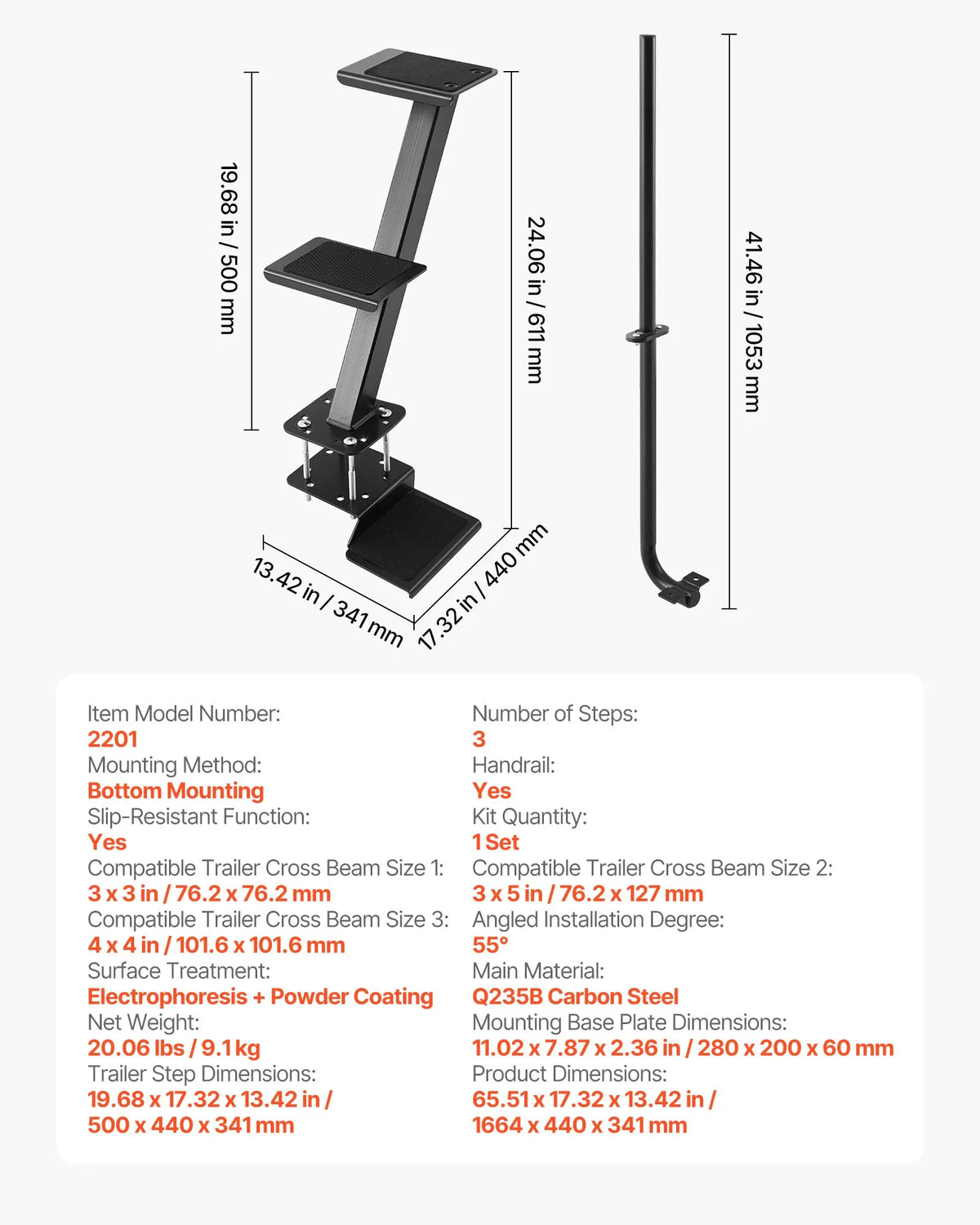 VEVOR Boat Trailer Steps, 3-Step, Heavy-Duty Boat Trailer Steps with Handle, Non-Slip Surface, 3 Mounting Angle Options, Stee