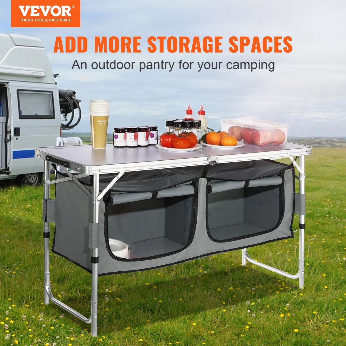 VEVOR Camping Kitchen Table, Quick set-up Folding Camping Table with A Carrying Bag, 3 Adjustable Heights, MDF Camping Table, Ideal for Outdoor Picnics, BBQs, Camping, RV Traveling