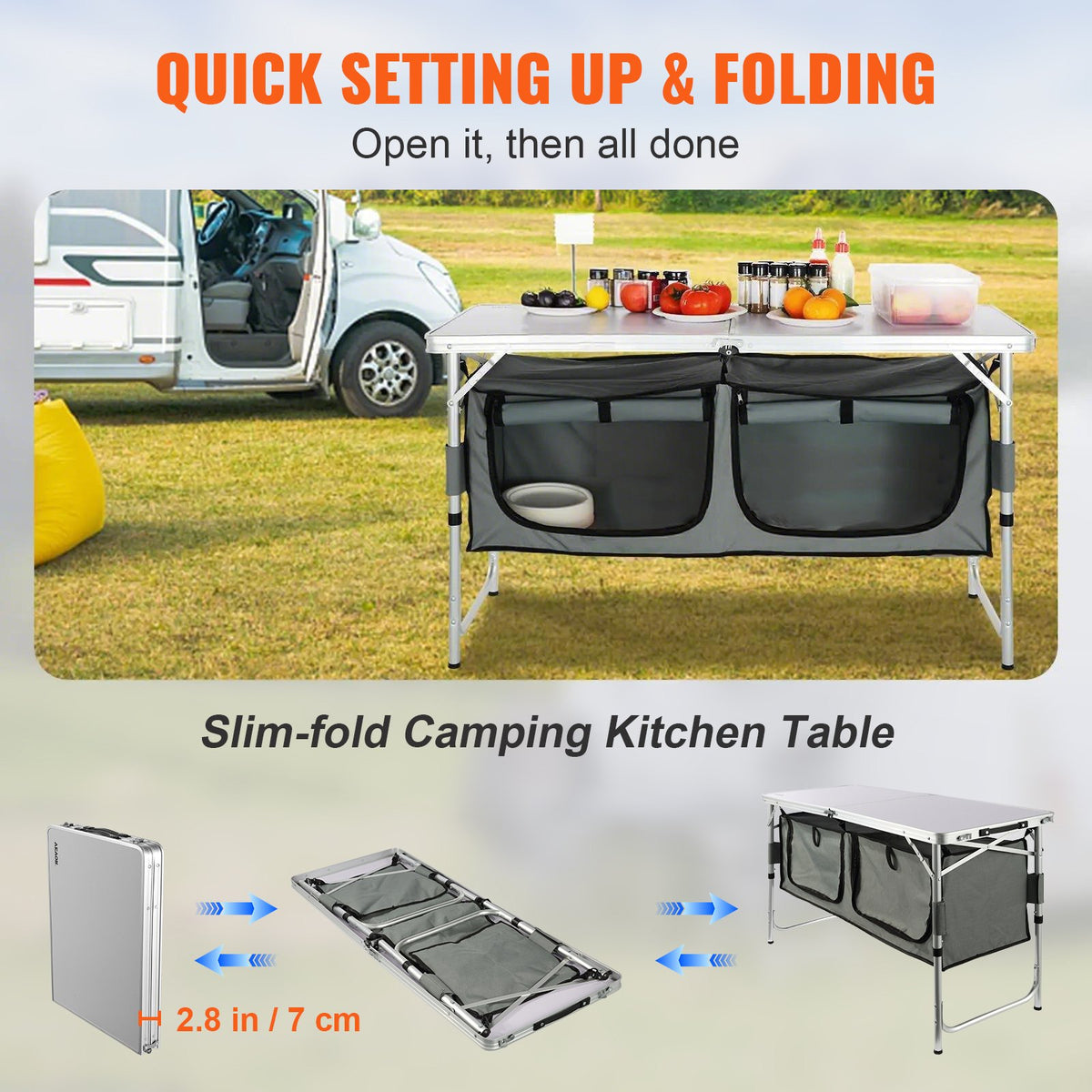 VEVOR Camping Kitchen Table, Quick set-up Folding Camping Table with A Carrying Bag, 3 Adjustable Heights, MDF Camping Table, Ideal for Outdoor Picnics, BBQs, Camping, RV Traveling