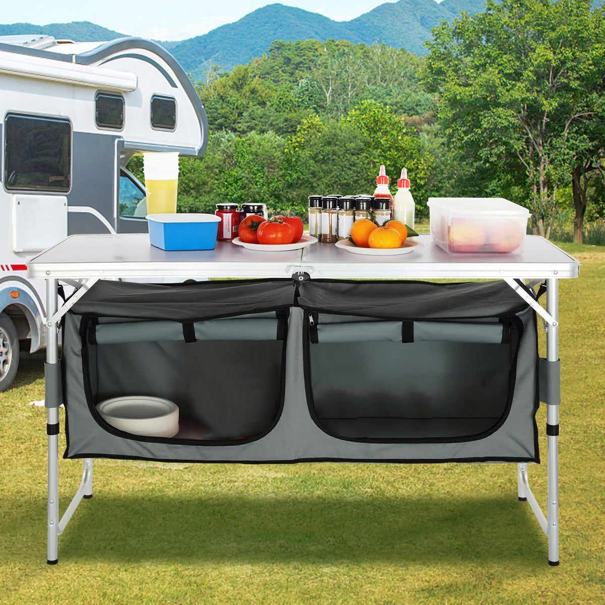 VEVOR Camping Kitchen Table, Quick set-up Folding Camping Table with A Carrying Bag, 3 Adjustable Heights, MDF Camping Table, Ideal for Outdoor Picnics, BBQs, Camping, RV Traveling