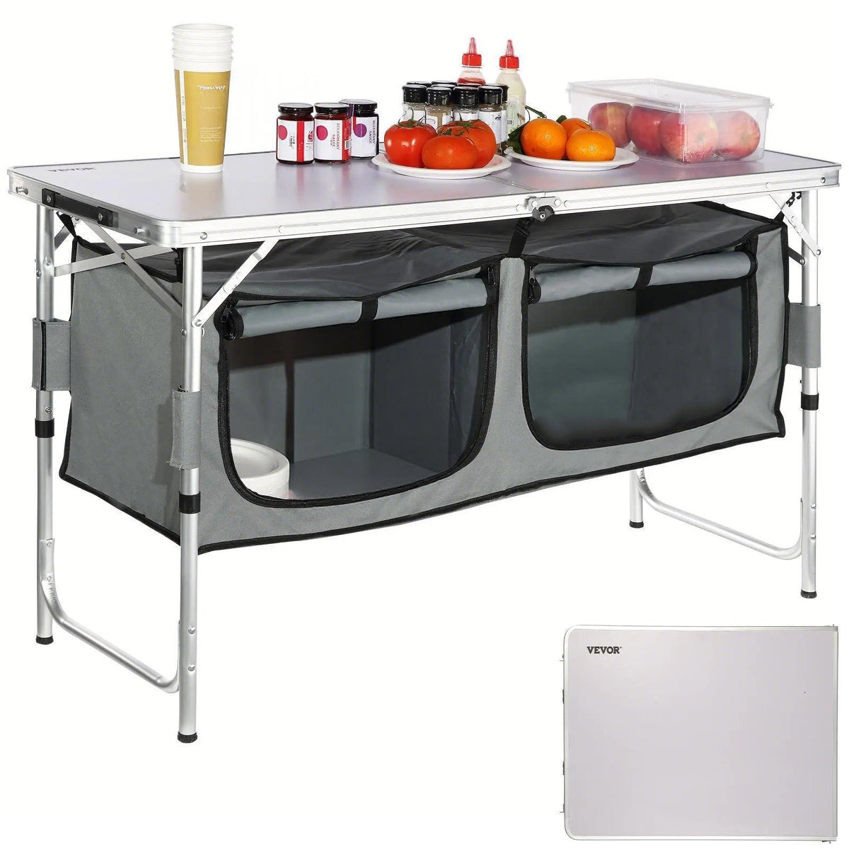 VEVOR Camping Kitchen Table, Quick set-up Folding Camping Table with A Carrying Bag, 3 Adjustable Heights, MDF Camping Table, Ideal for Outdoor Picnics, BBQs, Camping, RV Traveling