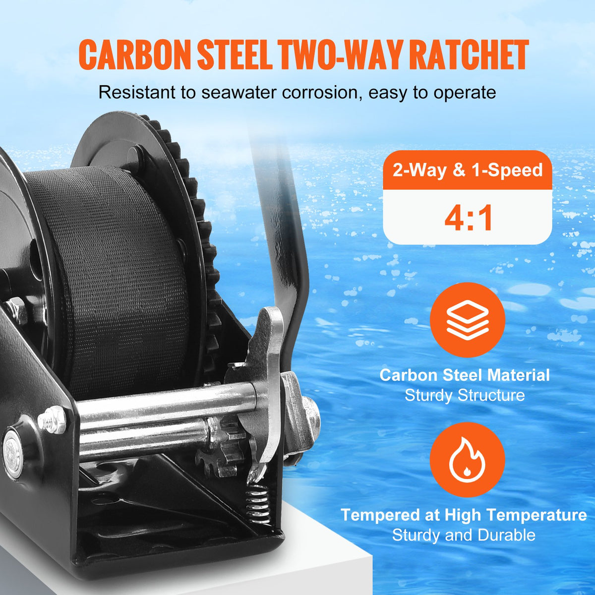 VEVOR Hand Winch, 1200 lbs Pulling Capacity, Boat Trailer Winch Heavy Duty Rope Crank with 23 ft Polyester Strap and Two-Way Ratchet, Manual Operated Hand Crank Winch for Trailer, Boat or ATV Towing