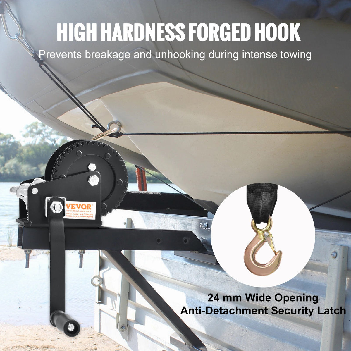 VEVOR Hand Winch, 2000 lbs Pulling Capacity, Boat Trailer Winch Heavy Duty Rope Crank with 23 ft Polyester Strap and Two-Way Ratchet, Manual Operated Hand Crank Winch for Trailer, Boat or ATV Towing