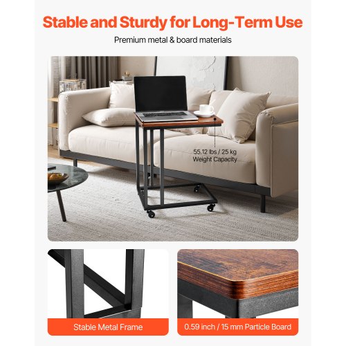 VEVOR C Table, C Shaped Sofa Side Table with Metal Frame Rolling Casters, Portable C Shaped End Stand for Living Room Bedroom