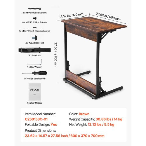 VEVOR C Table, Folding C Shaped End Table with Metal Frame & Adjustable Feet, Foldable C Shaped Side Table for Living Room Be