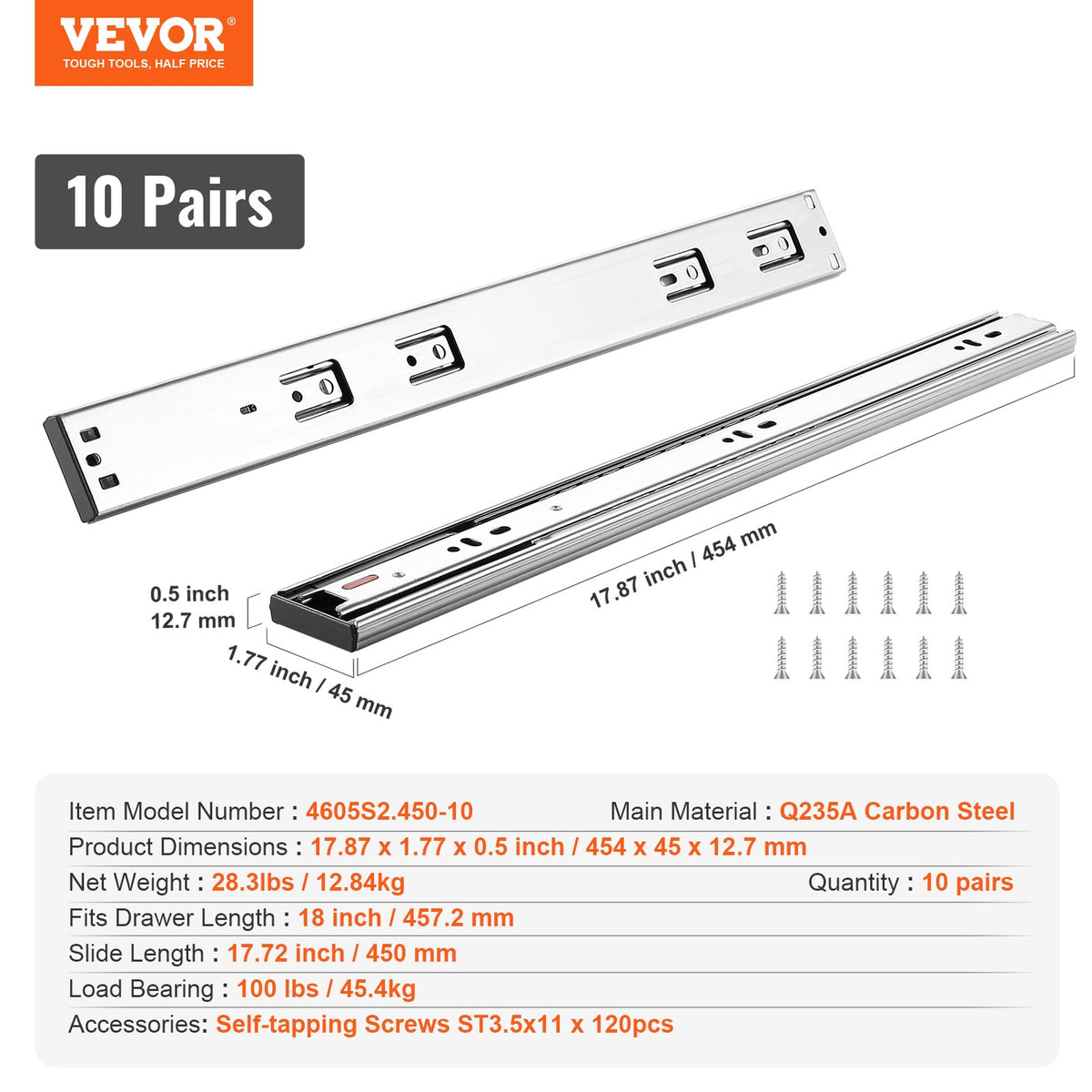 VEVOR 10 Pairs of 18 Inch Drawer Slides Side Mount Rails, Heavy Duty Full Extension Steel Track, Soft-Close Noiseless Guide Glides Cabinet Kitchen Runners with Ball Bearing, 100 Lbs Load Capacity