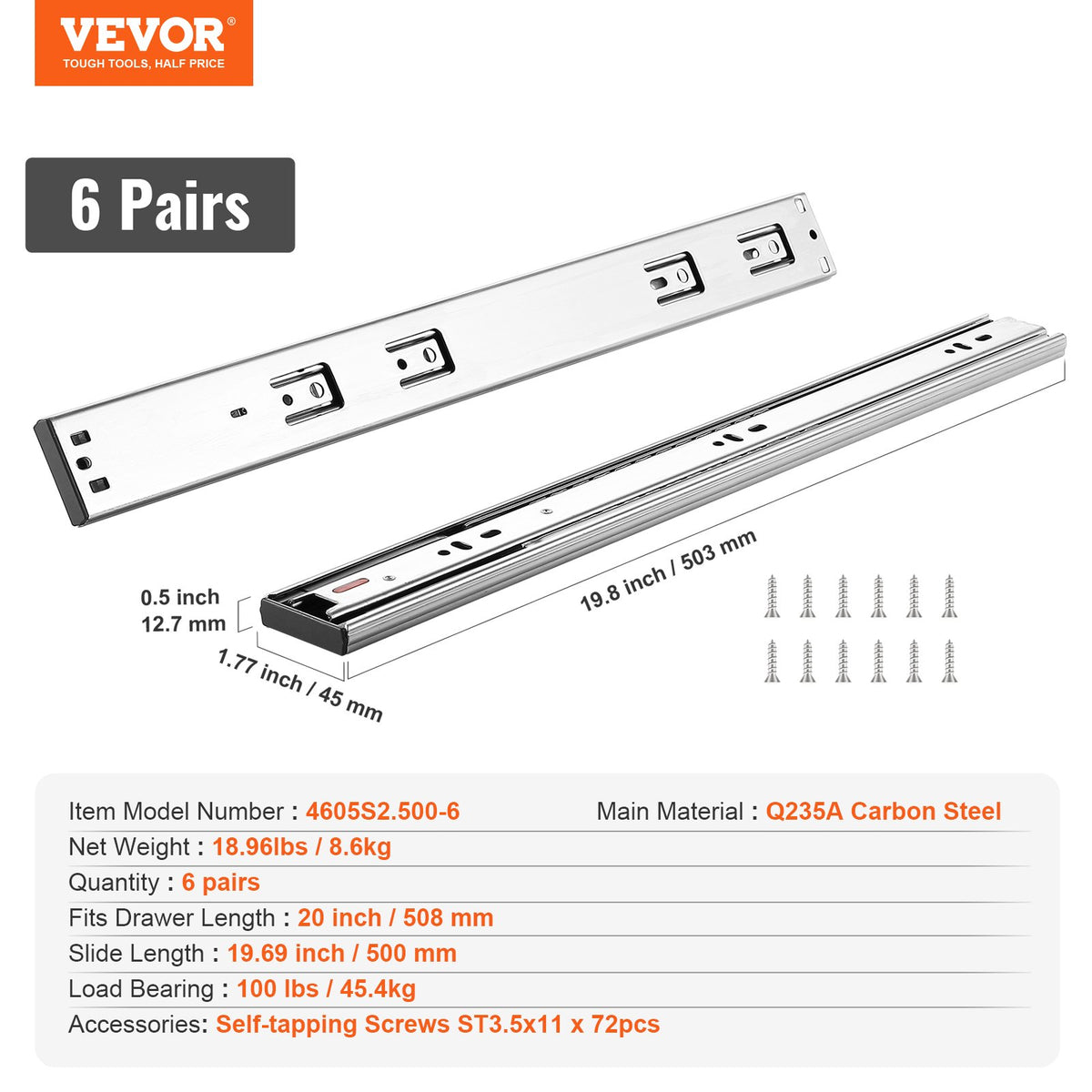 VEVOR 6 Pairs of 20 Inch Drawer Slides Side Mount Rails, Heavy Duty Full Extension Steel Track, Soft-Close Noiseless Guide Glides Cabinet Kitchen Runners with Ball Bearing, 100 Lbs Load Capacity