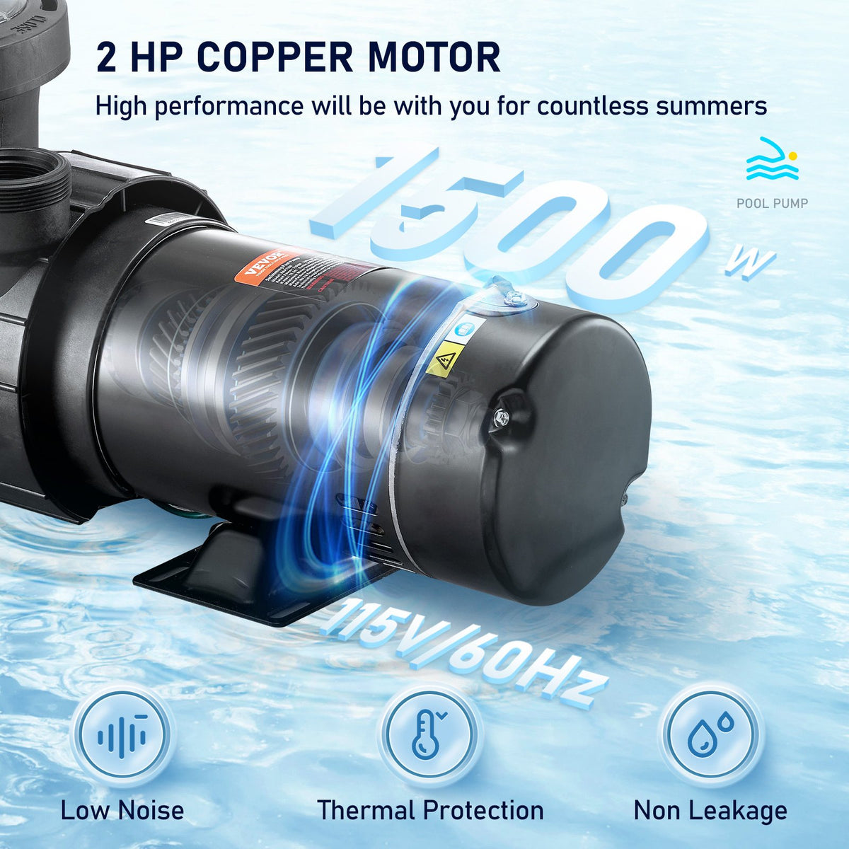 VEVOR Swimming Pool Pump 2.0HP 115V 1500W, Single Speed Pumps for Above Ground Pool, Powerful Pool Pumps with Strainer Basket, 5400 GPH Max. Flow, ETL Certification